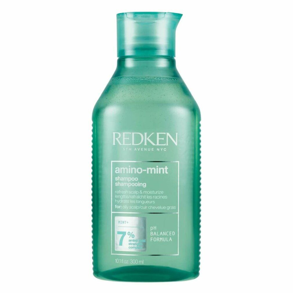 Grüne Redken Amino Mint Shampoo Flasche. Enthält Text: Shampoo, pH-ausgewogene Formel, 7%.
