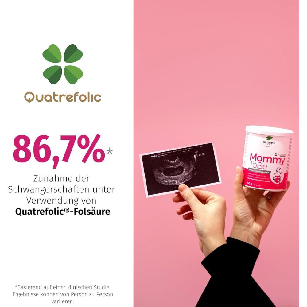 Hand hält Ultraschallbild und Dose Nature's Finest Mommy ToBe. Text: 86,7% Zunahme der Schwangerschaften unter Verwendung von Quatrefolic.
