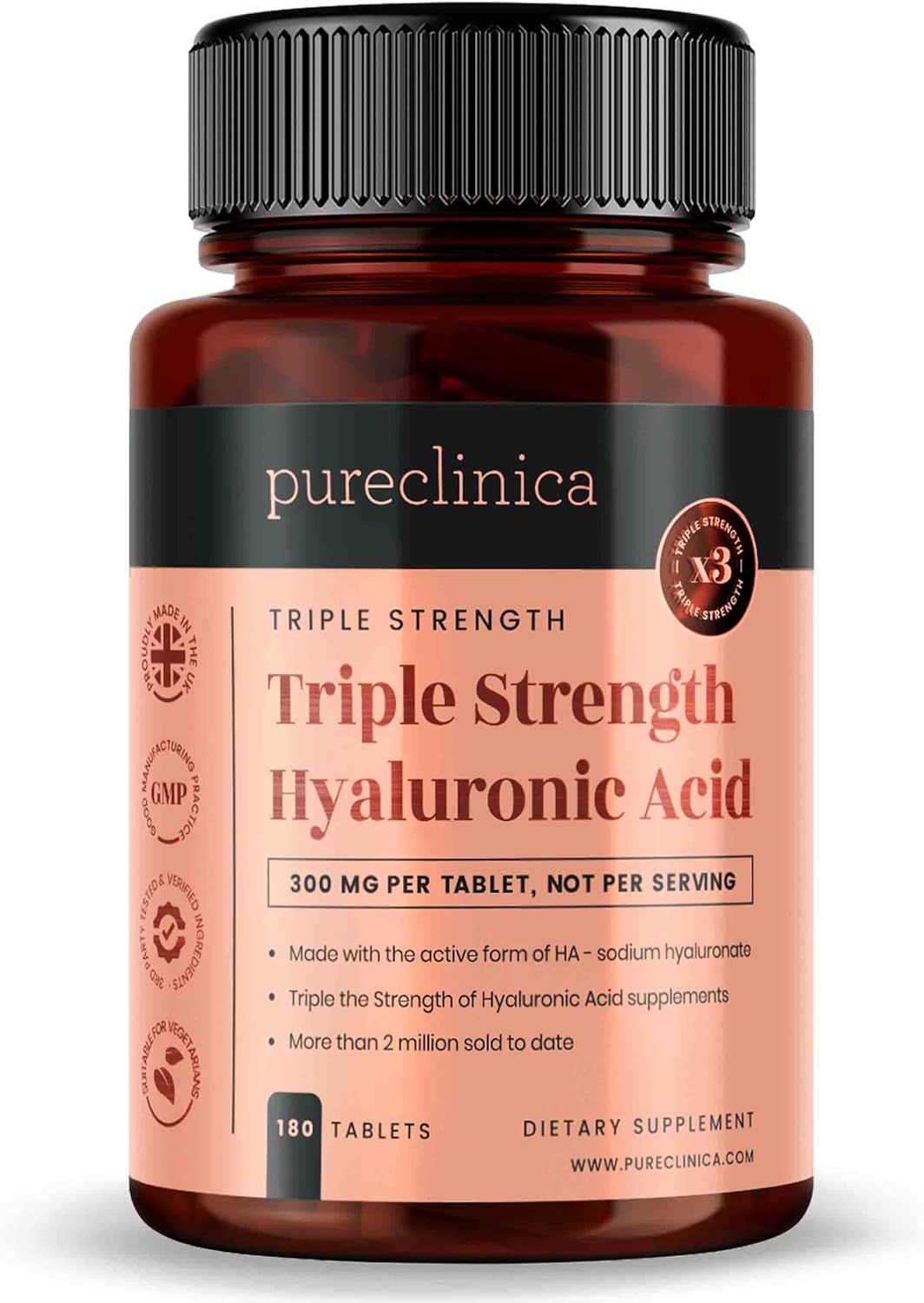 Braune Flasche mit Tabletten. Aufschrift: Pureclinica Triple Strength Hyaluronsäure. 300mg pro Tablette. 180 Tabletten. GMP-Zertifizierung.