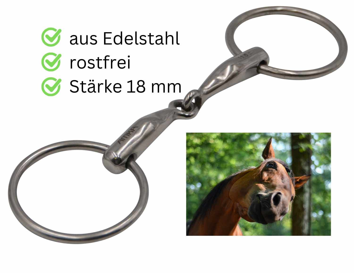 AMKA Wassertrense massiv. Metall, mit zwei Ringen und einem Mundstück. Text: aus Edelstahl, rostfrei, Stärke 18 mm. Pferd im Hintergrund.
