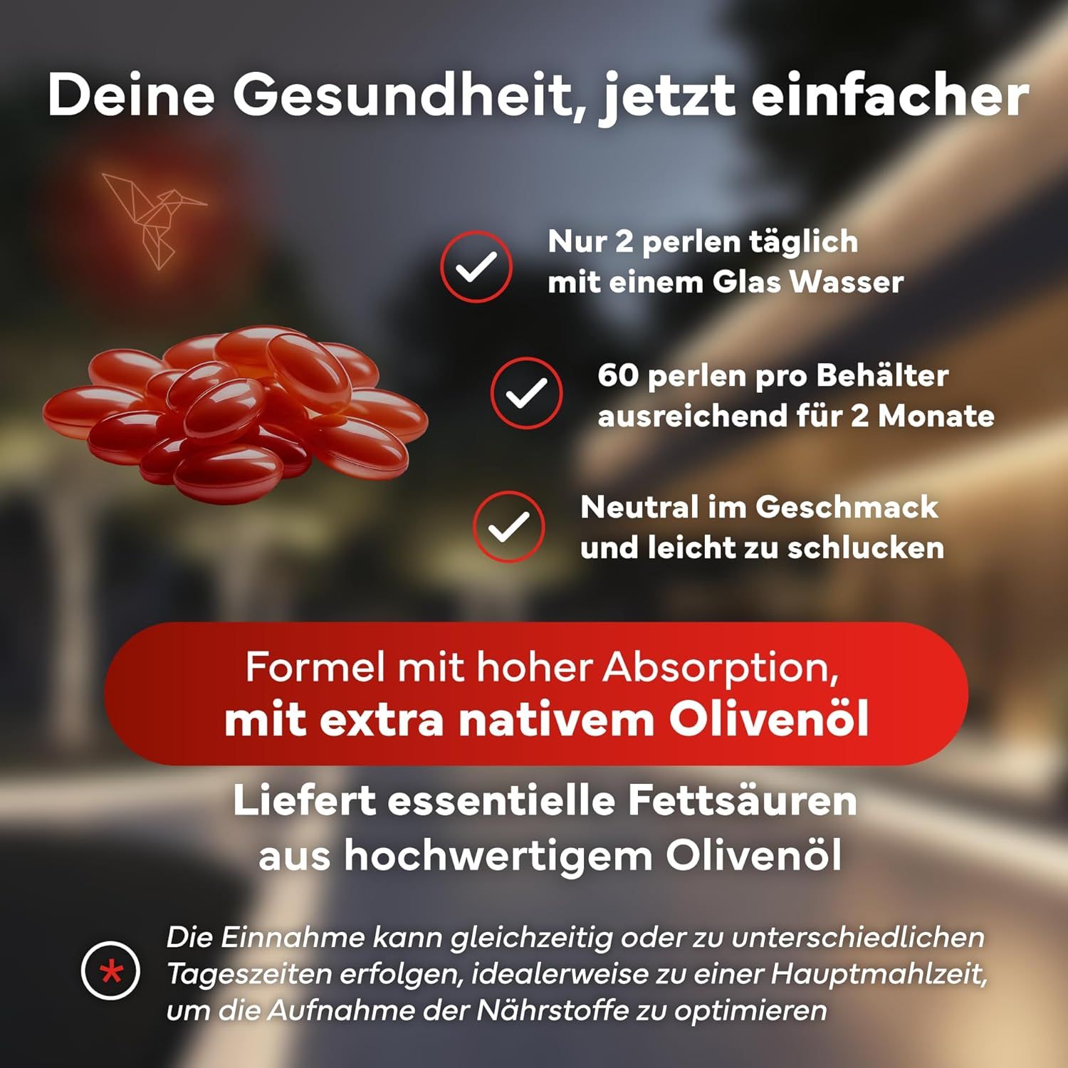 Astaxanthin-Kapseln auf einem Tisch. Informationen zur Einnahme und Zusammensetzung.