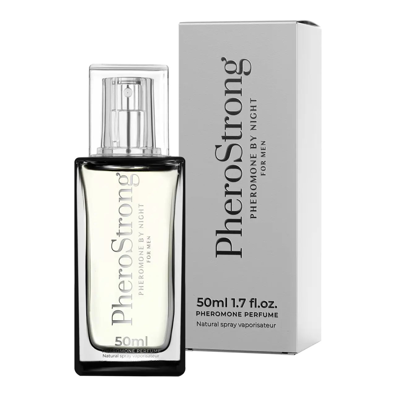 Flakon und Verpackung. Flakon: rechteckig, transparent, silberner Sprüher. Verpackung: grau, rechteckig. Text: PheroStrong, 50ml, 1.7 fl.oz.