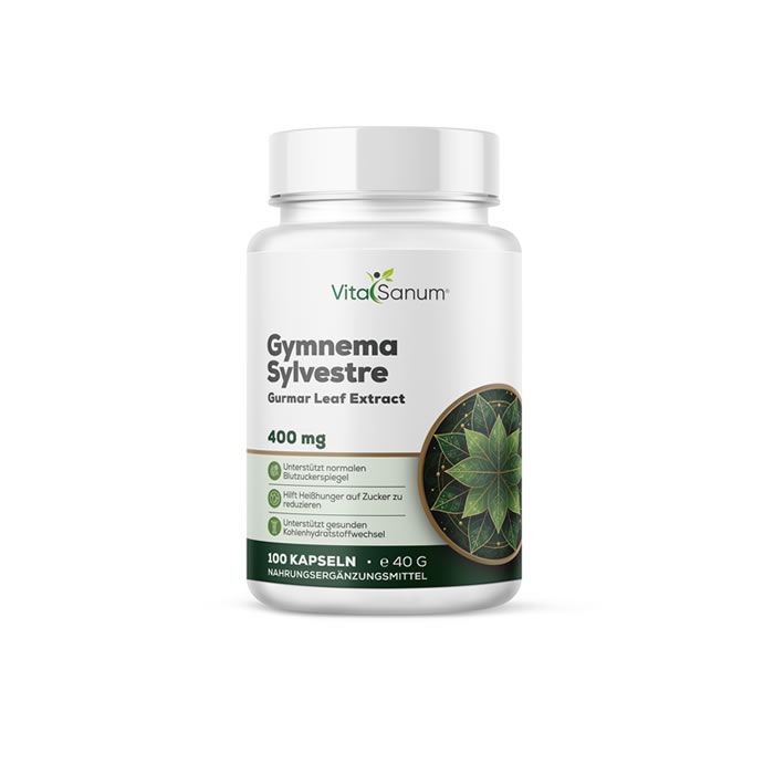 Weiße Flasche mit grünem Etikett. Aufschrift: VitaSanum, Gymnema Sylvestre, 400 mg. 100 Kapseln.