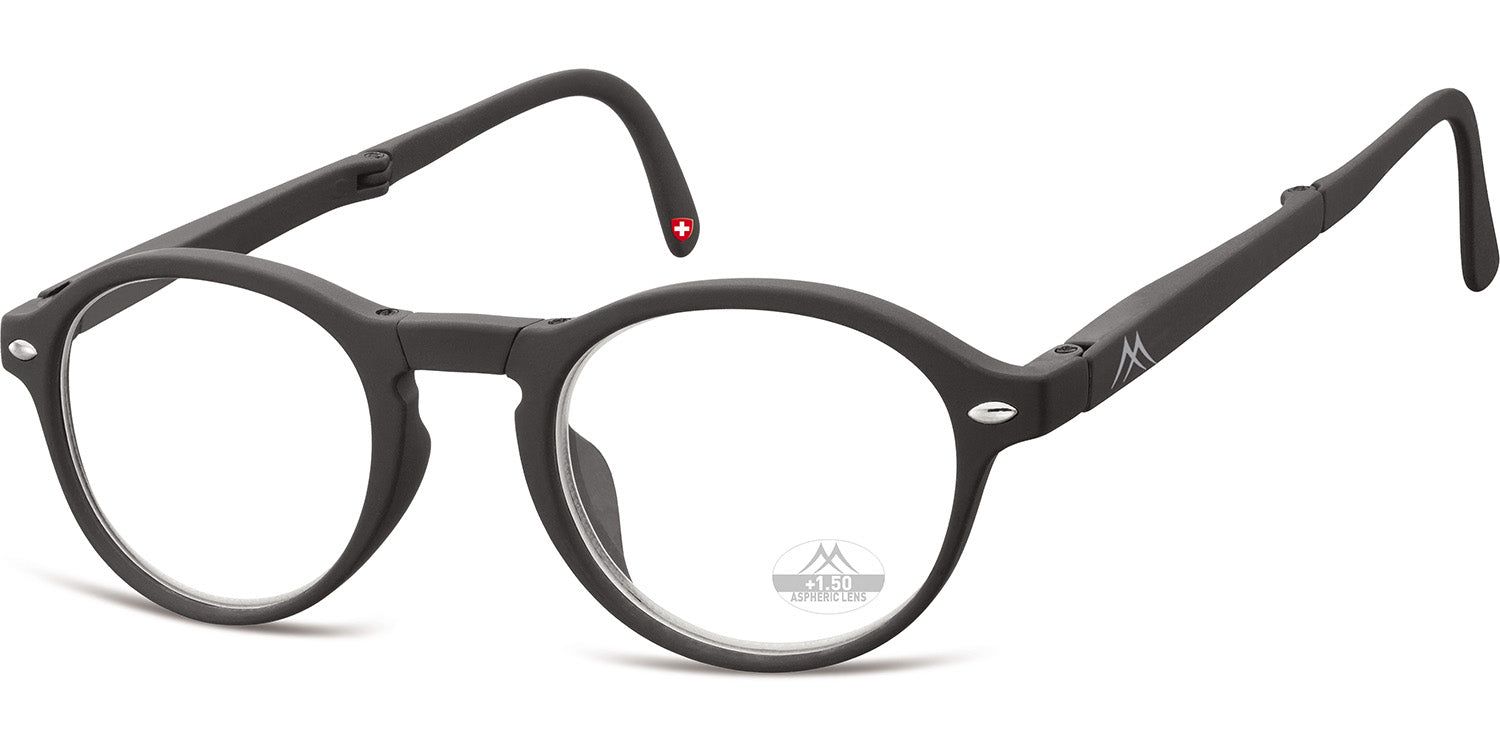 Klappbare Lesebrille, schwarz, runde Gläser. Bügel mit Logo und Schweizer Kreuz. Montana Eyewear Logo auf dem Glas.