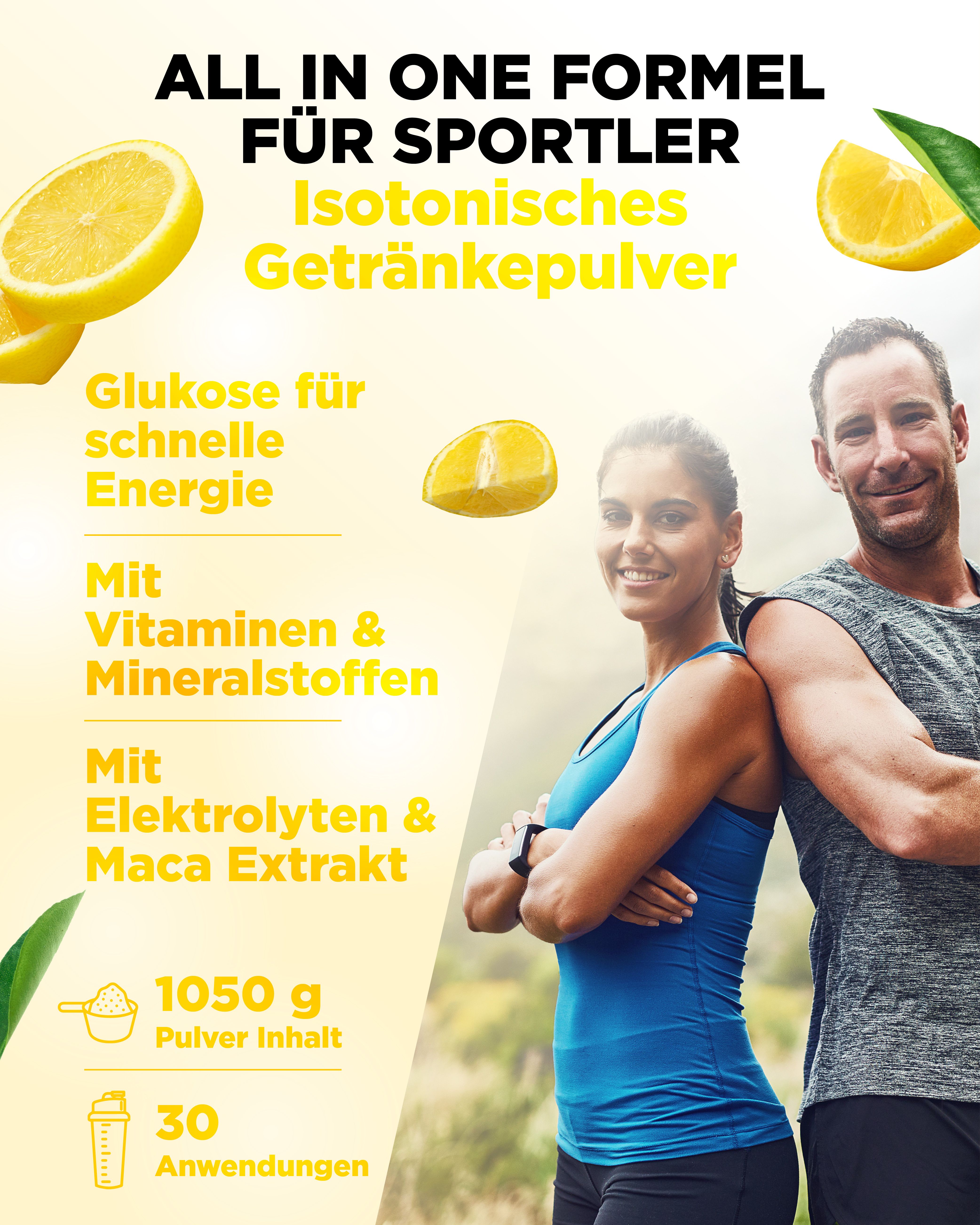 Werbebild mit Sportlern. Text: ALL IN ONE FORMEL FÜR SPORTLER, Isotonisches Getränkepulver. Zitrone und Blatt-Illustrationen.