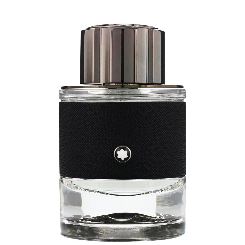 Montblanc Explorer Eau de Parfum Flakon. Schwarzer Flakon mit silbernem Deckel. Logo auf dem Flakon.