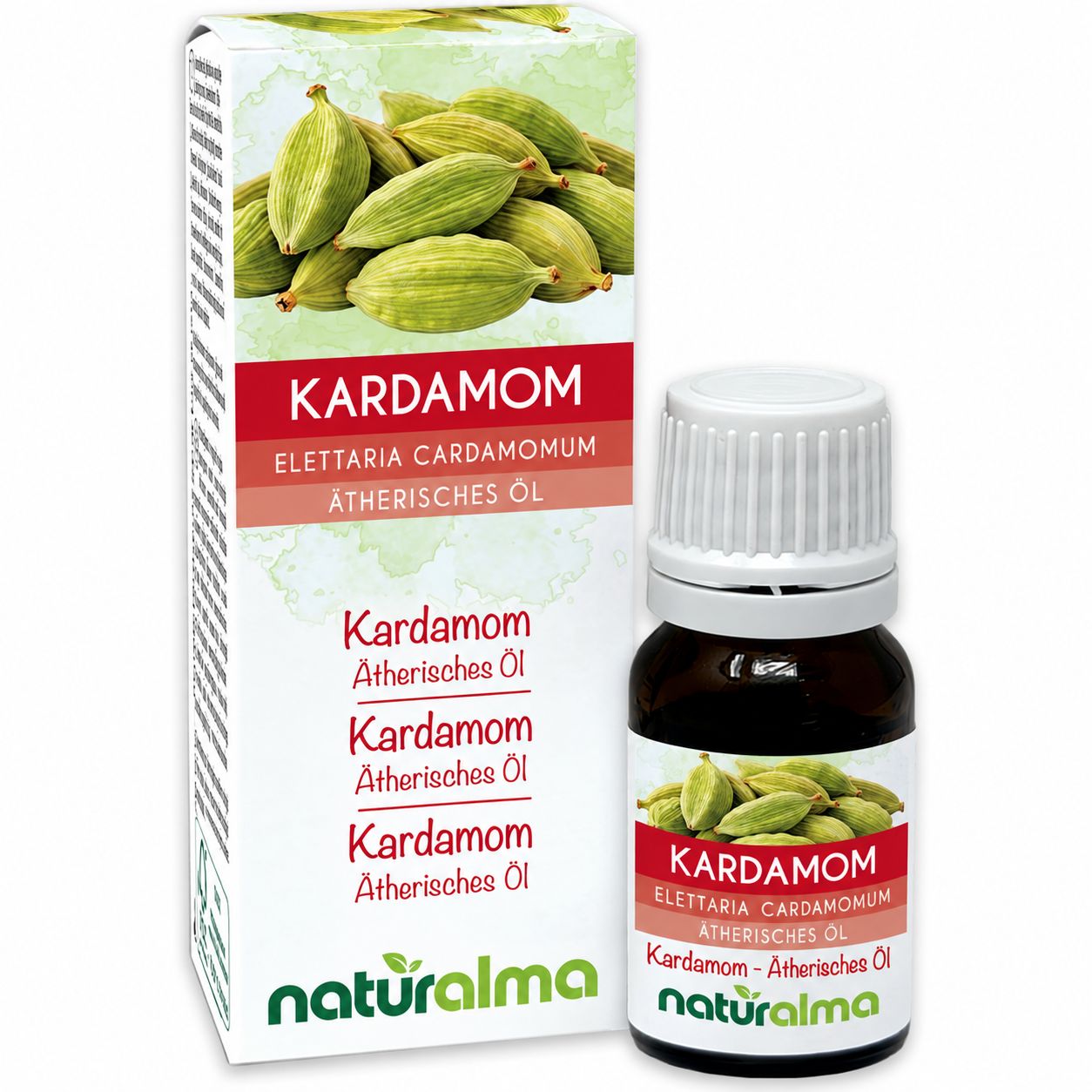 Naturalma Kardamom Ätherisches Öl: Flasche und Kartonverpackung mit Kardamomkapseln.