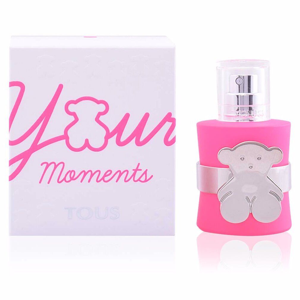 Rosa Flakon mit silbernem Bären-Dekor und weißer Verpackung mit Schriftzug "Your Moments".