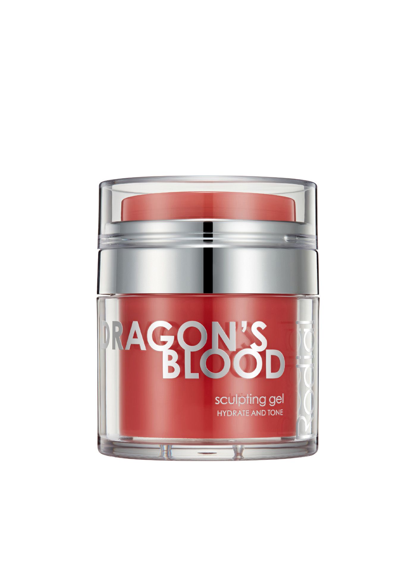 Roter Tiegel mit silbernem Deckel. Aufschrift: DRAGON'S BLOOD, Sculpting Gel. Transparenter Deckel.