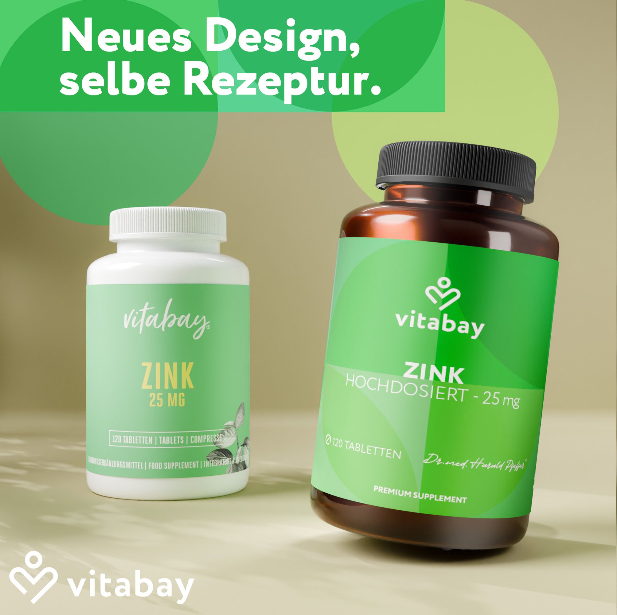 Zwei Flaschen Vitabay Zink 25mg. Eine weiße und eine braune Flasche. Text: Neues Design, selbe Rezeptur.
