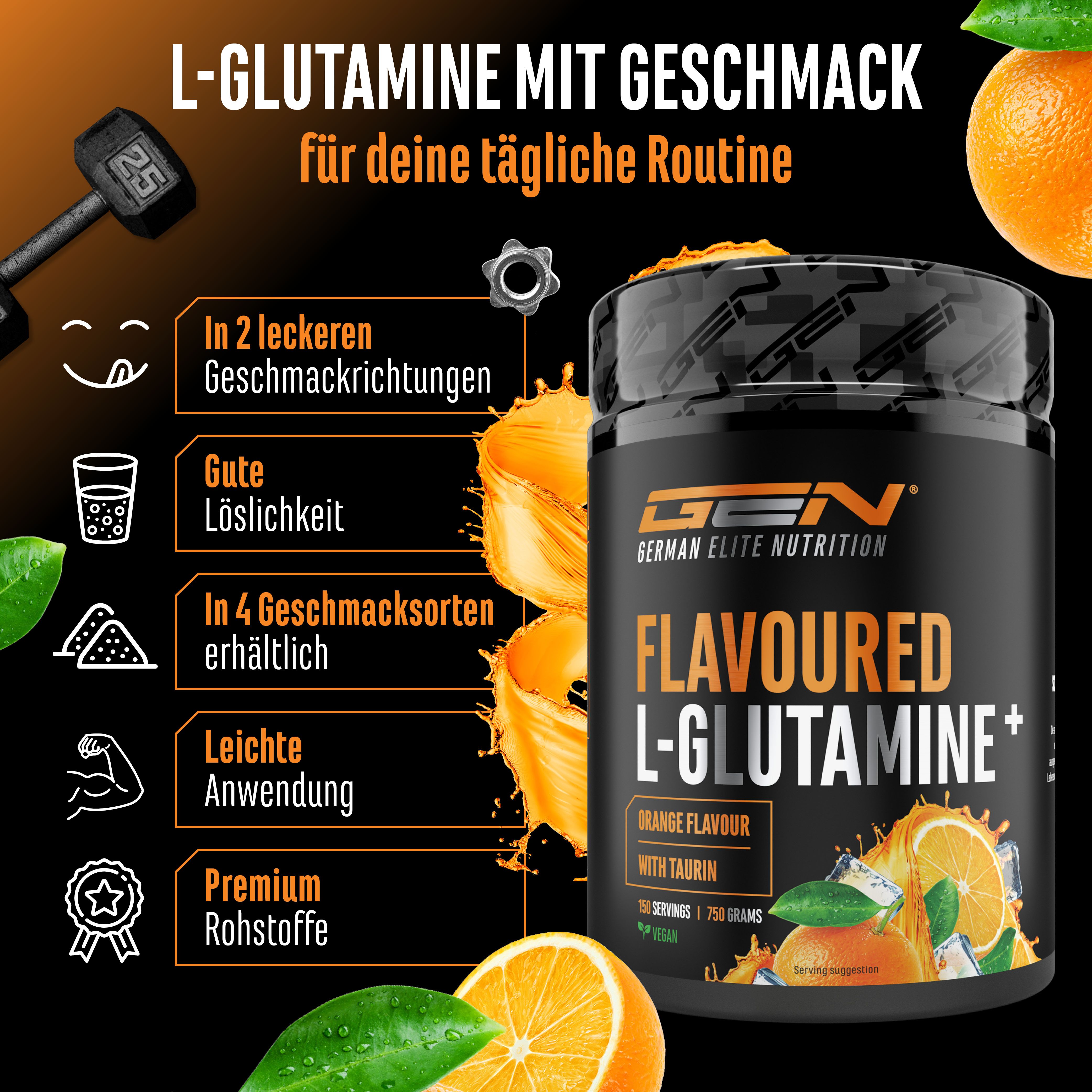 GEN Flavoured L-Glutamine+ Dose. Orange-Geschmack. Gute Löslichkeit. In 4 Geschmacksrichtungen erhältlich. Leichte Anwendung.