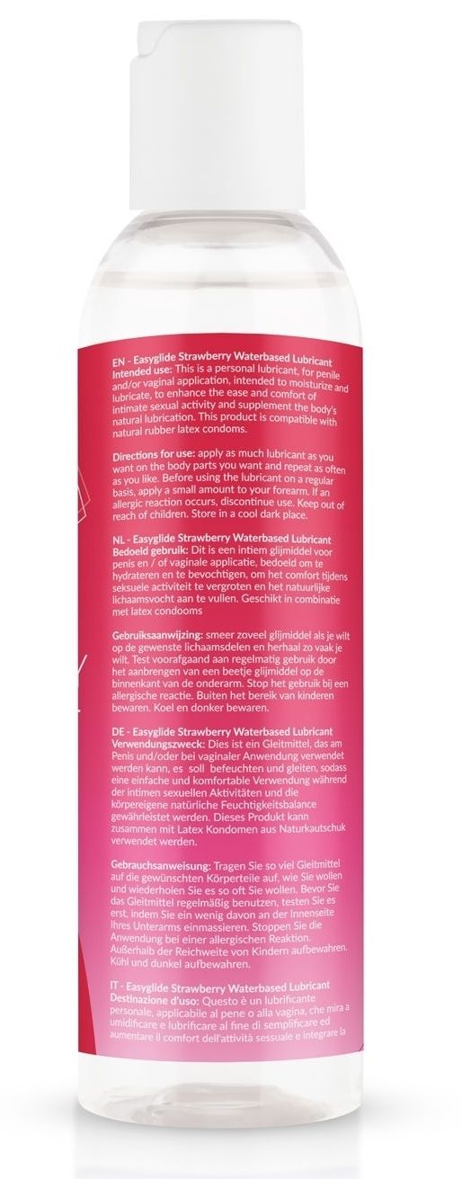 Rückseite der Flasche. Etikett mit Text in mehreren Sprachen. Enthält Informationen zu Inhaltsstoffen und Gebrauchsanweisung.