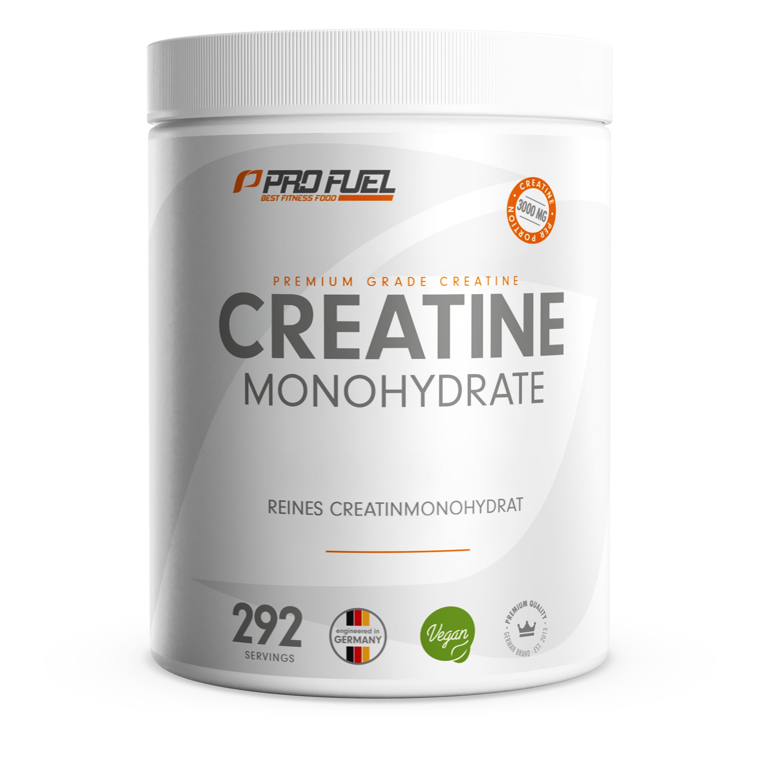 Weißer Behälter mit "ProFuel" und "Creatine Monohydrate" Aufdruck. Enthält 292 Portionen. Vegan-Siegel.