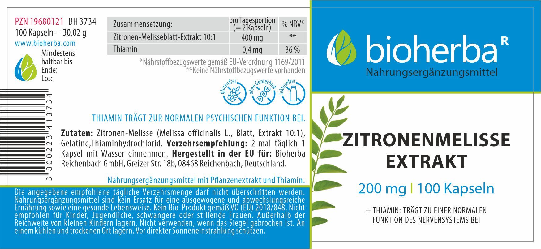 Bioherba Zitronenmelisse Extrakt, 100 Kapseln. Blaue und weiße Verpackung mit Produktinformationen und Logo.