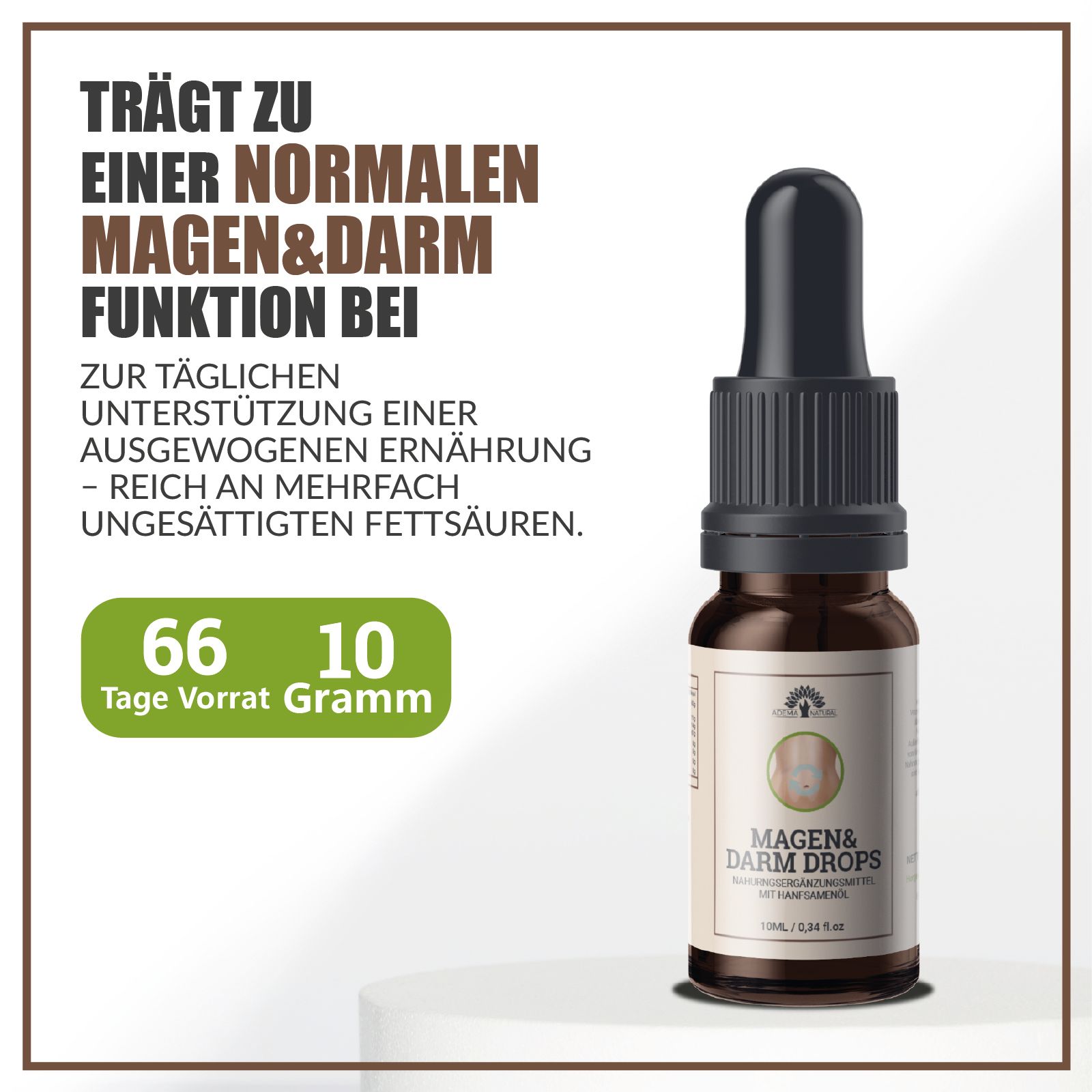 Braune Flasche mit Tropfer, Text: Trägt zu einer normalen Magen&Darm Funktion bei. 66 Tage Vorrat.