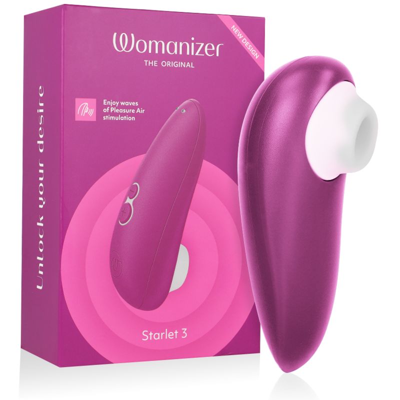 Vibrator und Verpackung. Lila Vibrator mit weißem Aufsatz. Verpackung mit Aufschrift: Womanizer, Starlet 3.