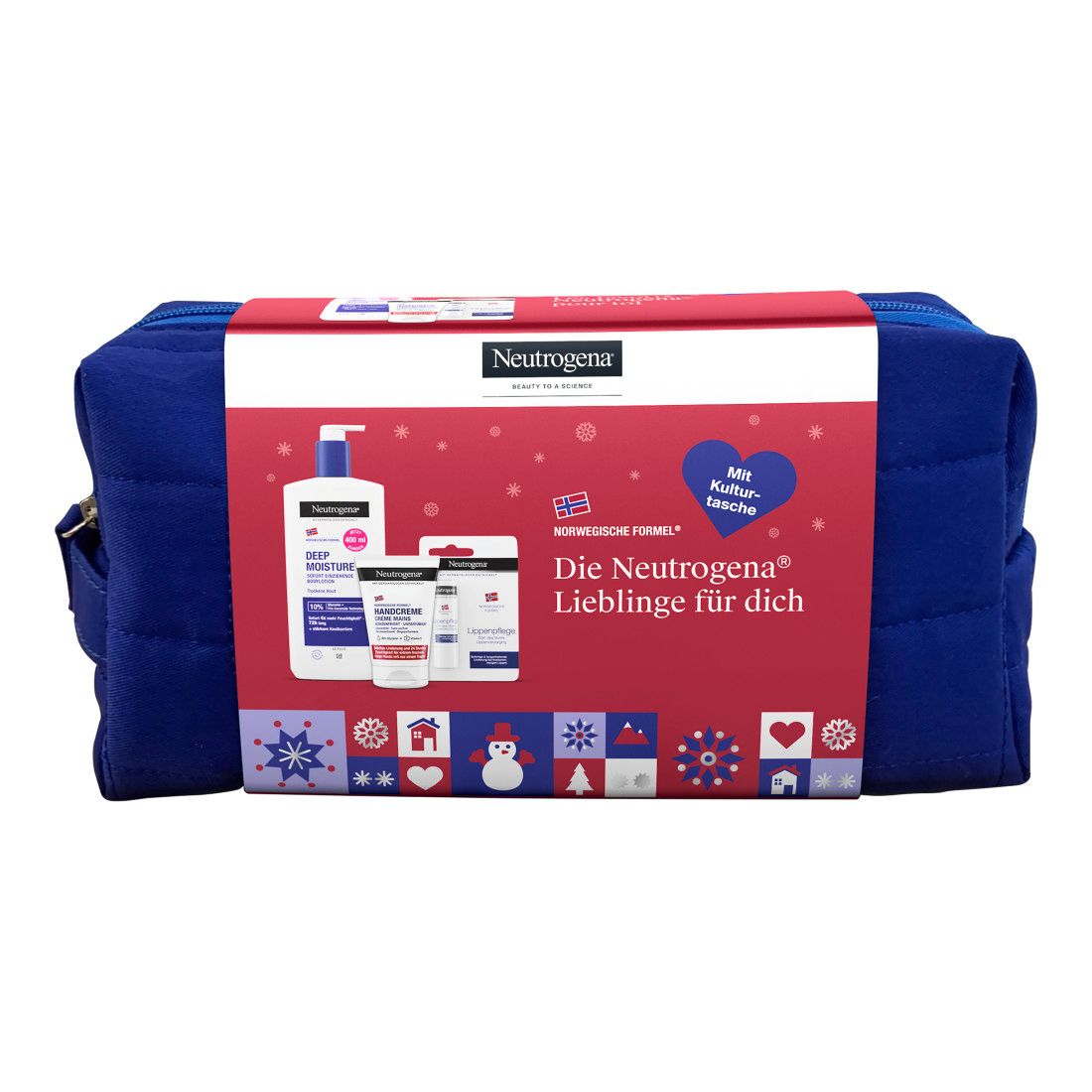 Geschenkset von Neutrogena in einer blauen Kosmetiktasche. Enthält Produkte und eine Verpackung mit Schriftzug.