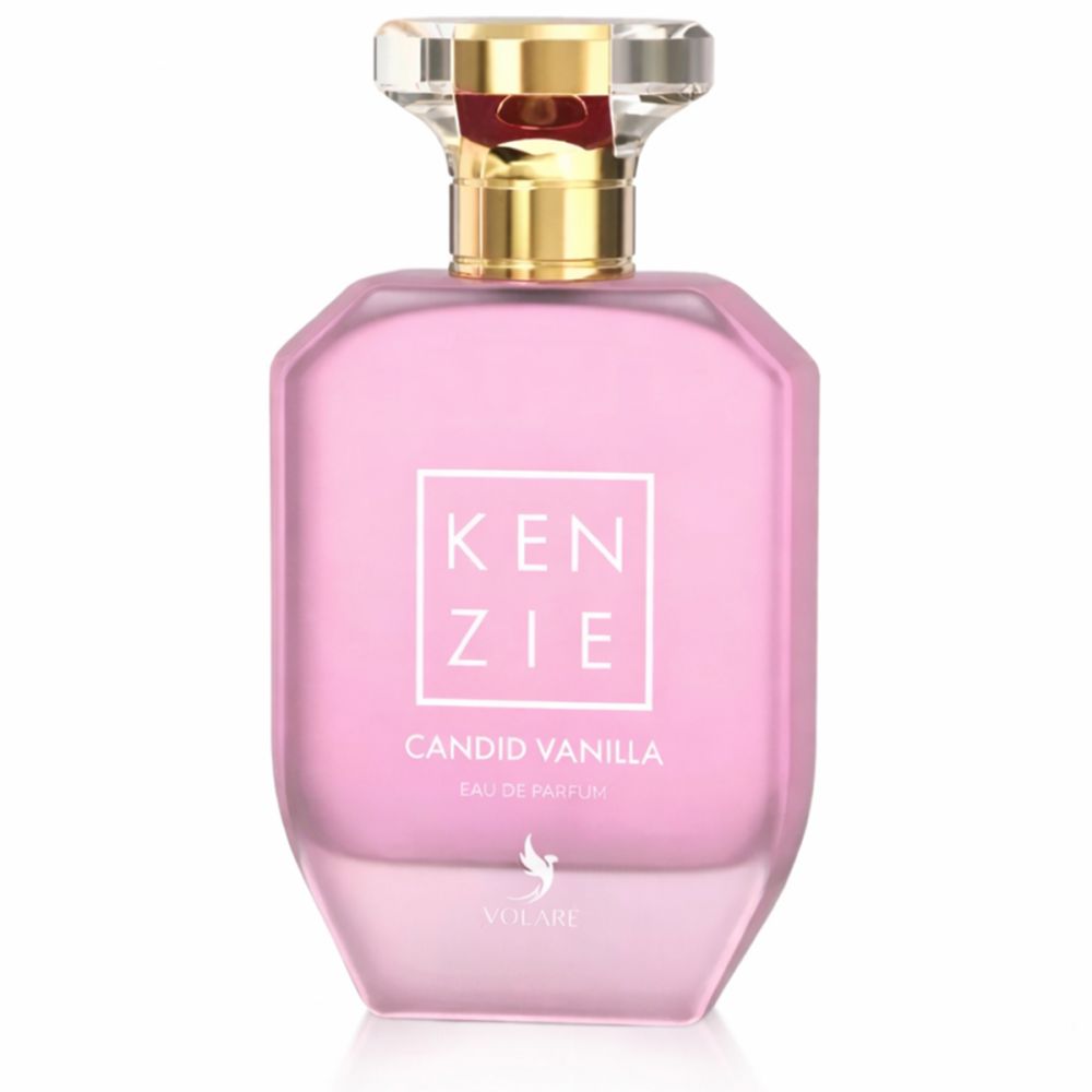 Rosa Parfümflakon mit goldfarbenem Verschluss. Schriftzug Kenzie, Candid Vanilla und Volaré.