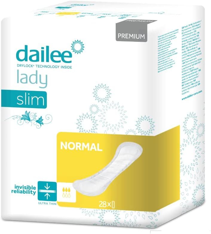 Verpackung Dailee Lady Slim Normal. Weiße Inkontinenzeinlagen auf gelbem Hintergrund. 28 Stück. Premium-Qualität.