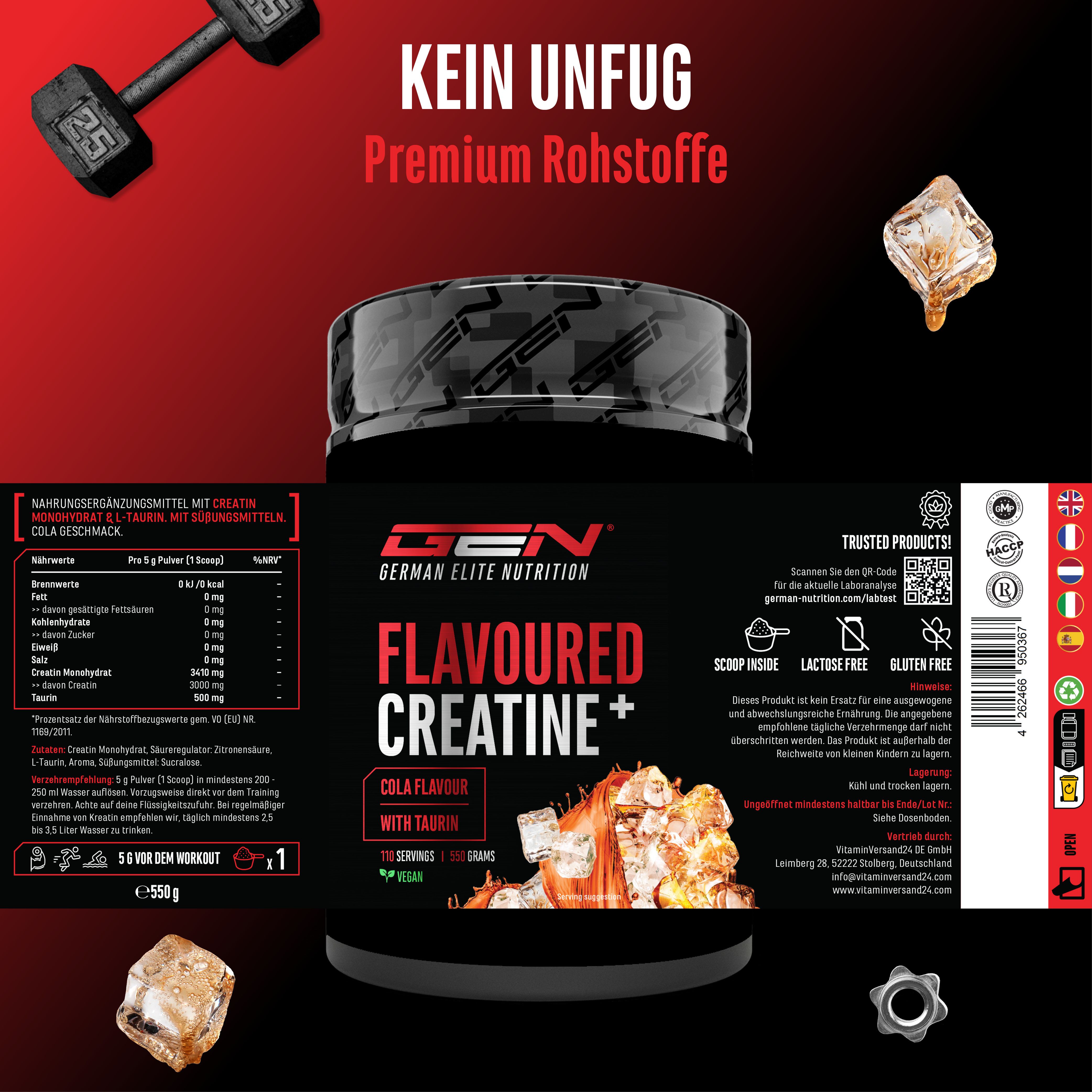 Dose "Flavoured Creatine+" mit Nährwertangaben und Inhaltsstoffen. Cola Geschmack. 550g. Vegan. Glutenfrei. Laktosefrei.