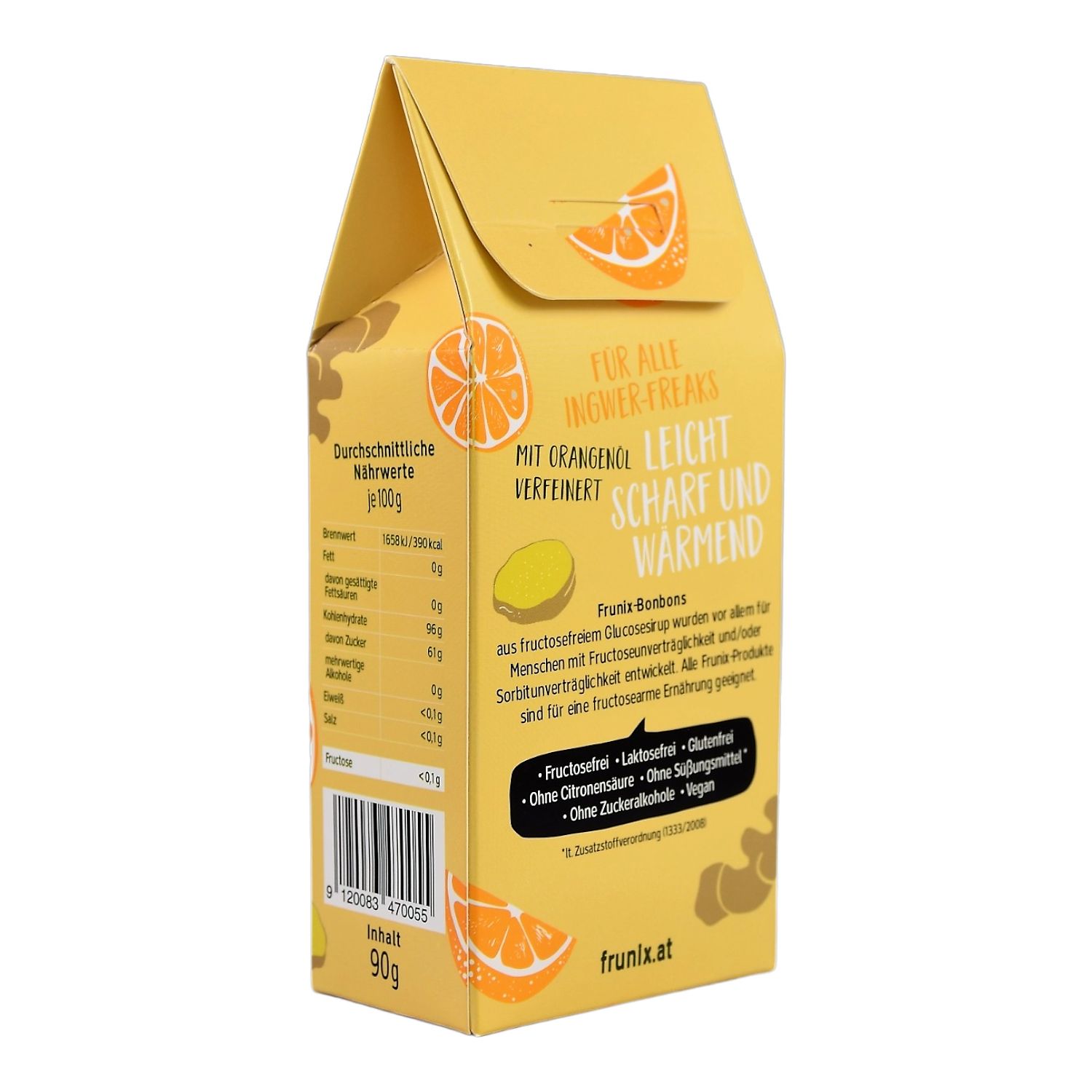 Gelbe Verpackung, Rückseite. Text: FÜR ALLE INGWER-FREAKS, LEICHT, SCHARF UND WÄRMEND. Nährwertangaben. Illustrationen von Orange und Ingwer. FRUNIX.