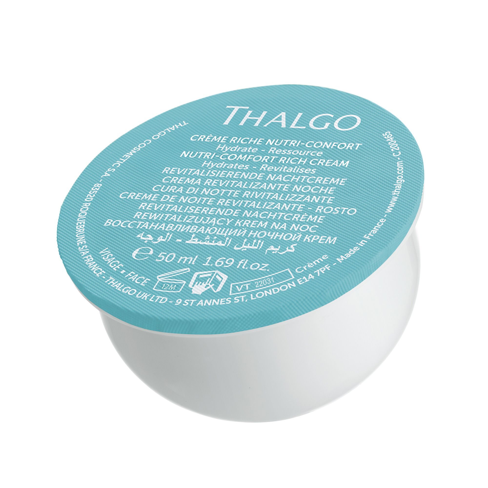 Krembehälter mit blauem Deckel. Aufschrift: THALGO, Nutri-Comfort Rich Cream. Mehrsprachige Produktbezeichnungen. Volumen: 50 ml.
