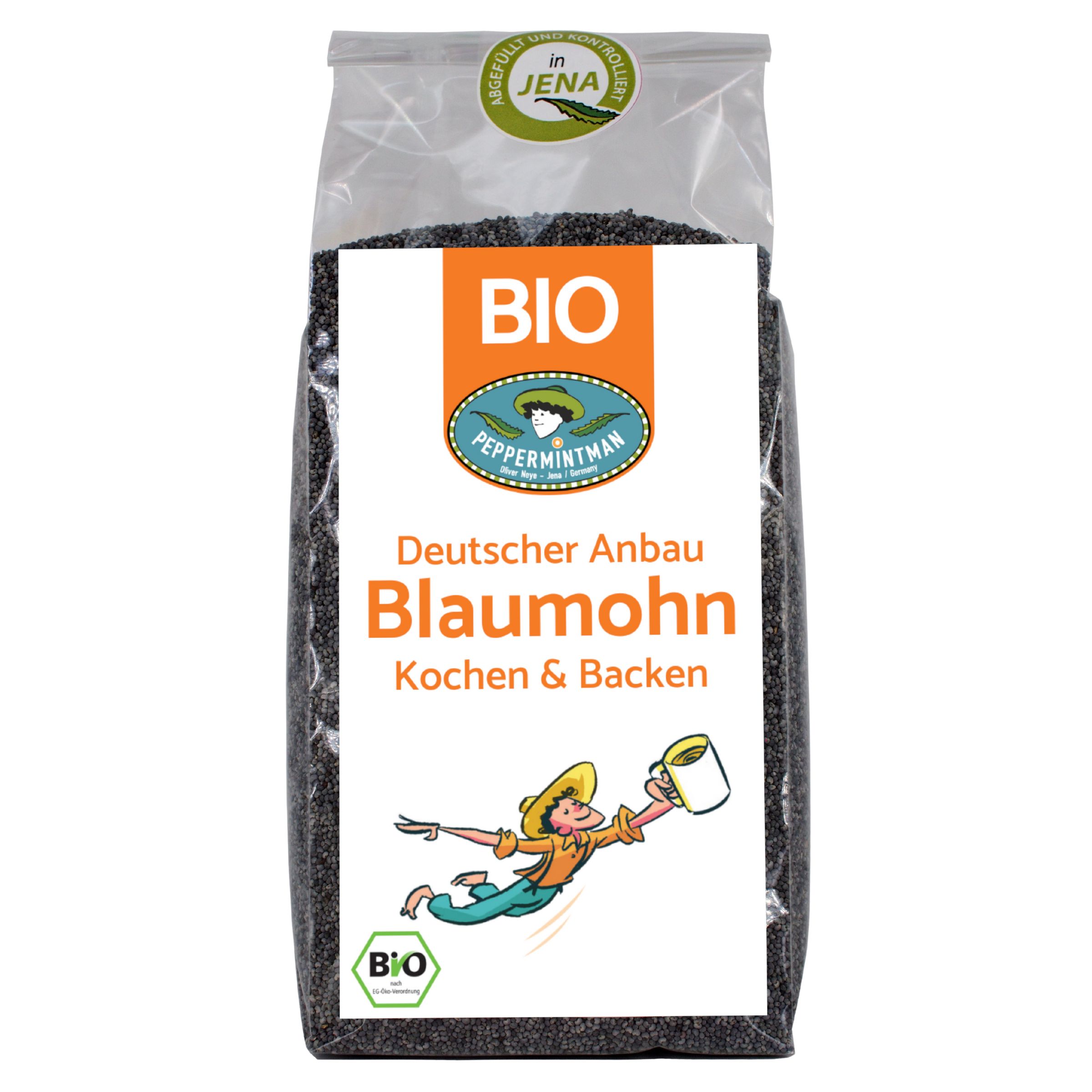 Verpackung von PEPPERMINTMAN Deutscher Mohn, Bio. Transparente Tüte mit Aufdruck. Orangefarbenes Etikett mit Logo und Text: Blauer Mohn, Kochen & Backen.
