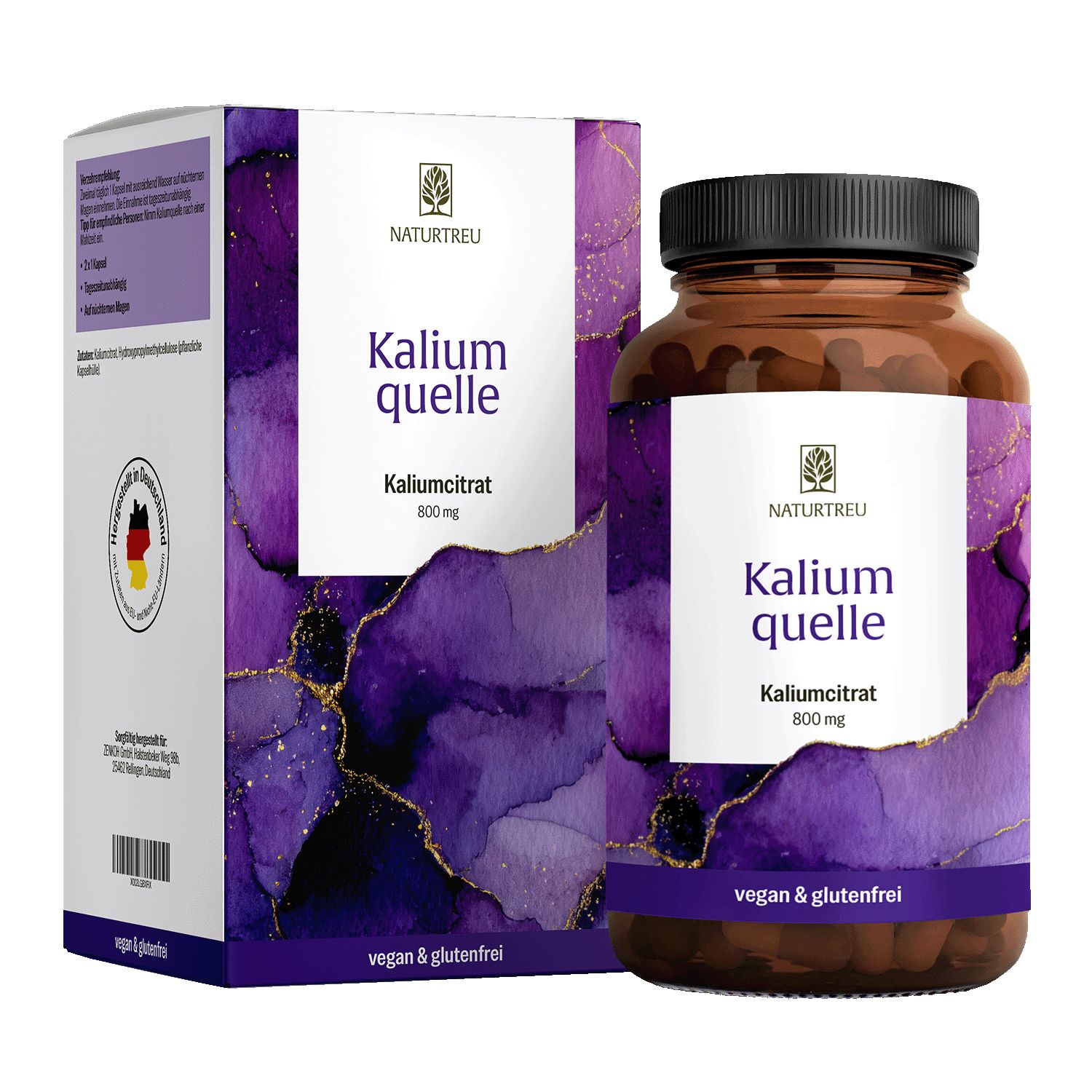 NATURTREU Kaliumquelle Kaliumcitrat 800mg Kapseln mit Umverpackung.