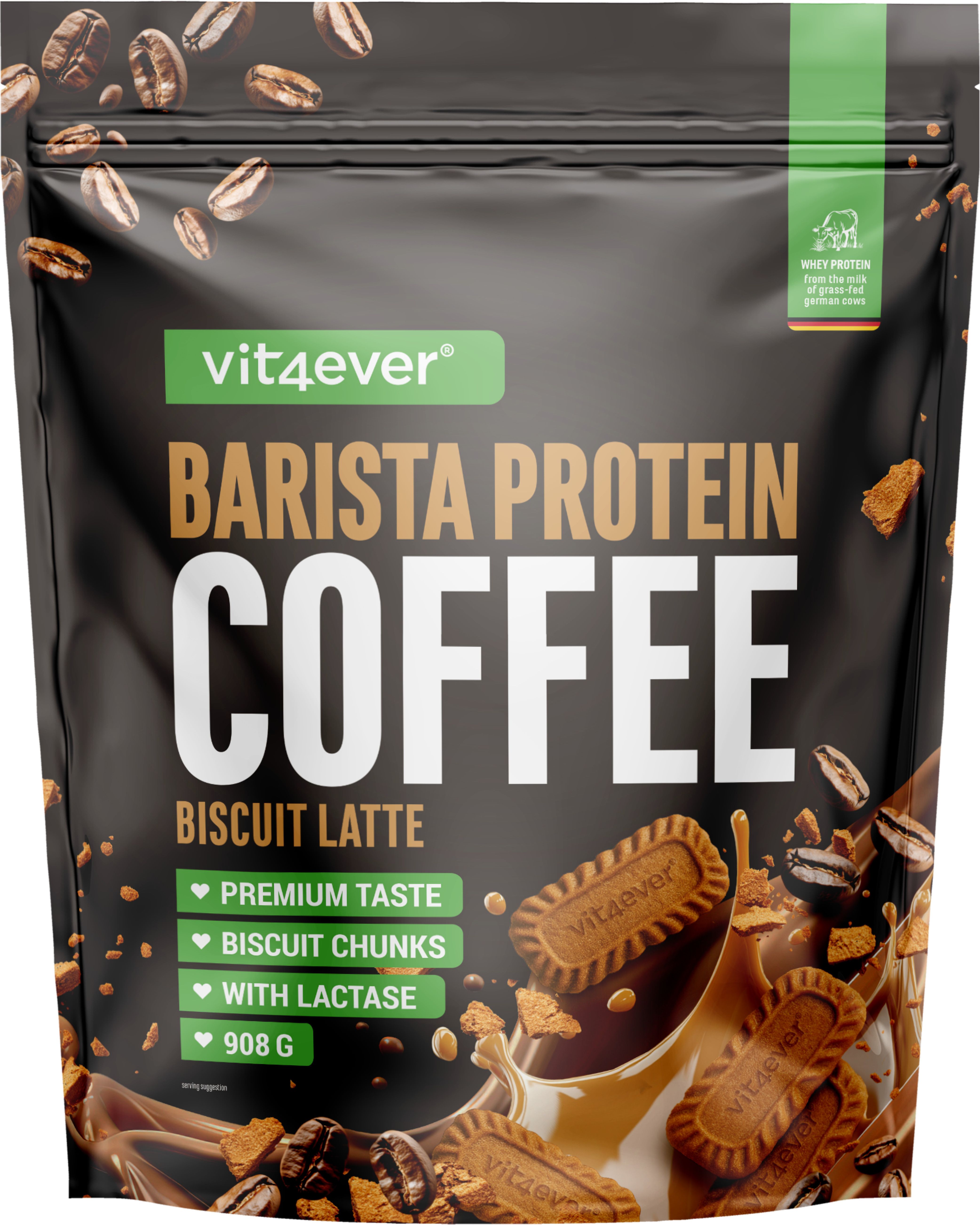 Schwarze Verpackung mit "vit4ever Barista Protein Coffee". Aufschrift "Biscuit Latte". Abbildung von Keksen und Kaffee.