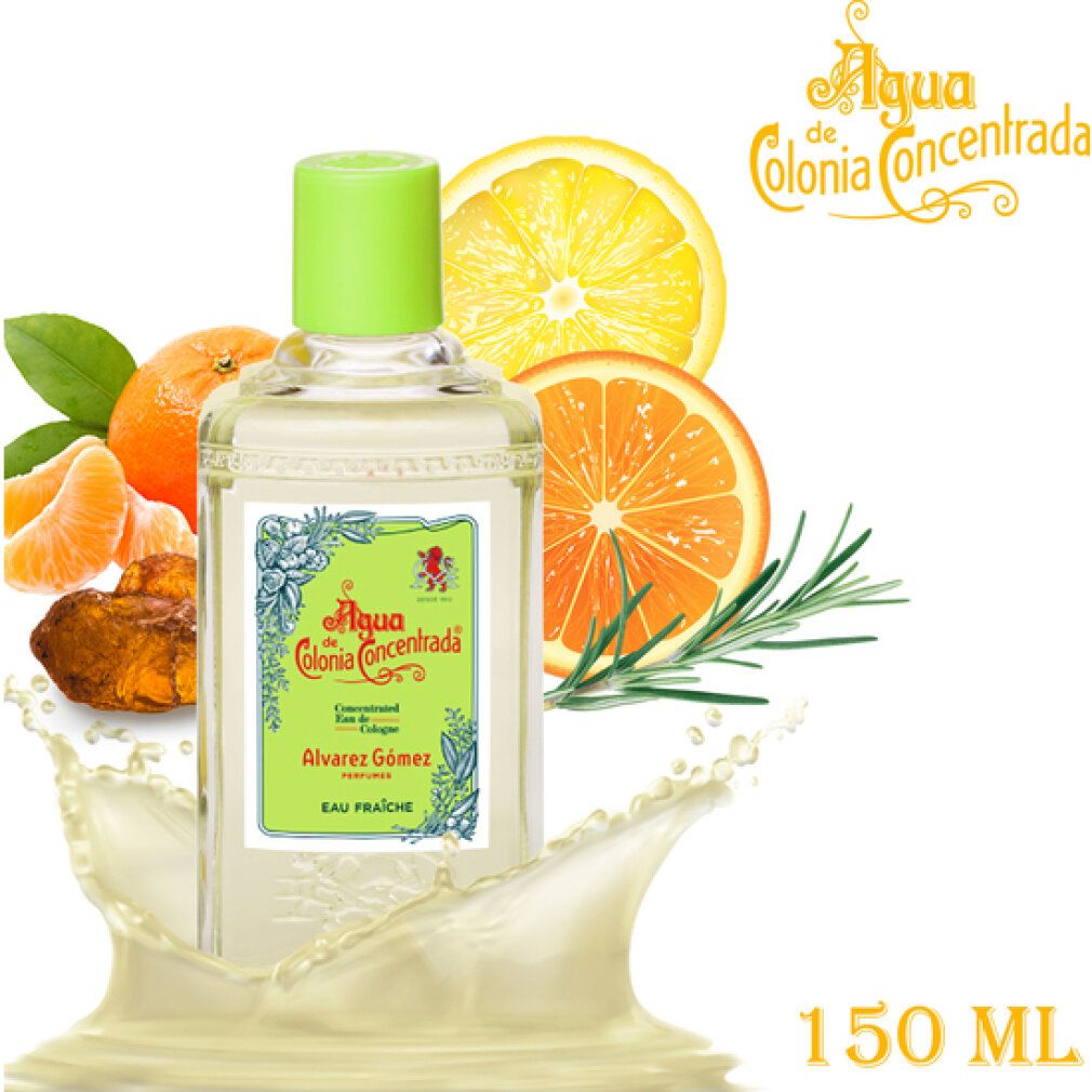 Alvarez Gómez Eau de Cologne Flakon mit Orangen und Zitronen. Grün-weißes Etikett, grüne Kappe. Aufschrift: Eau Fraîche.