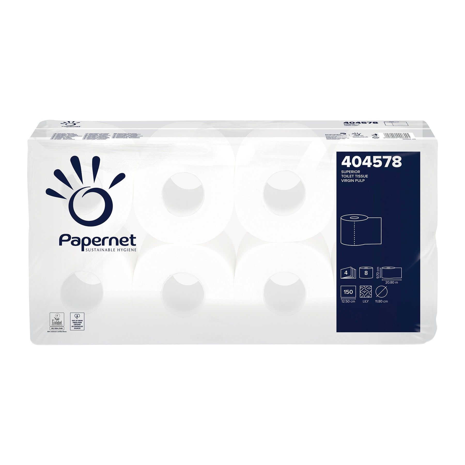 Packung Toilettenpapier, 8 Rollen. Marke Papernet. Aufschrift 404578. Nachhaltige Hygiene.
