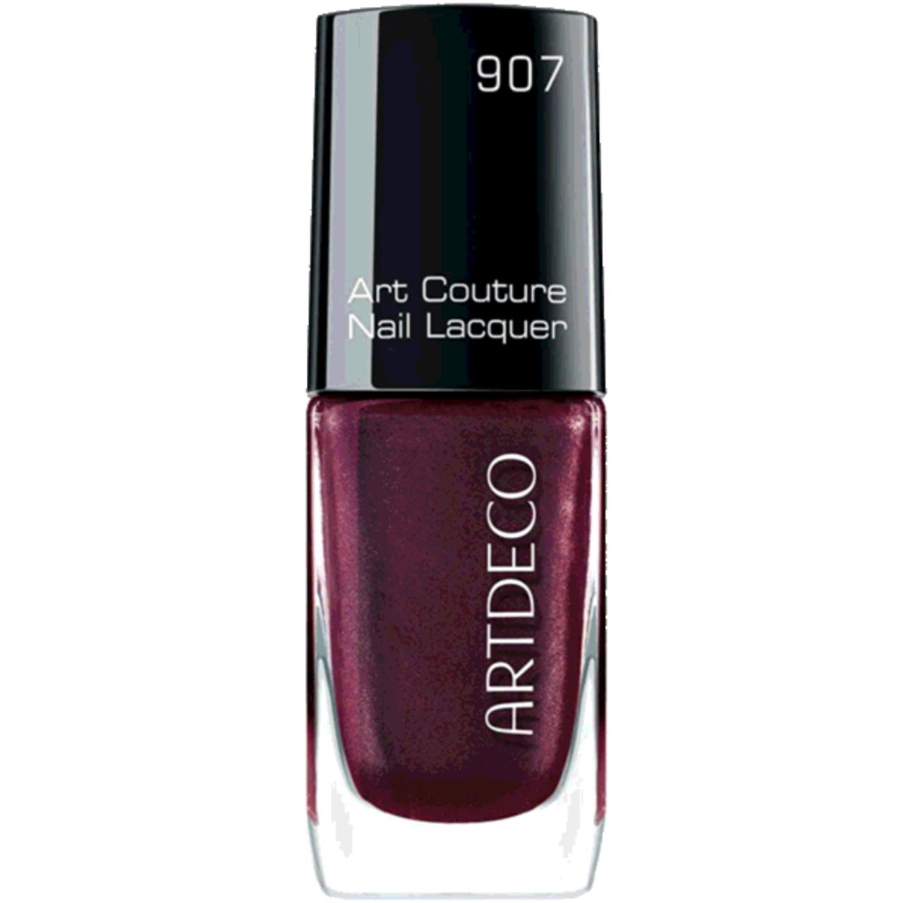 Artdeco Art Couture Nagellack, Farbton 907. Flasche mit dunklem Nagellack, schwarzem Deckel und Markenschriftzug.