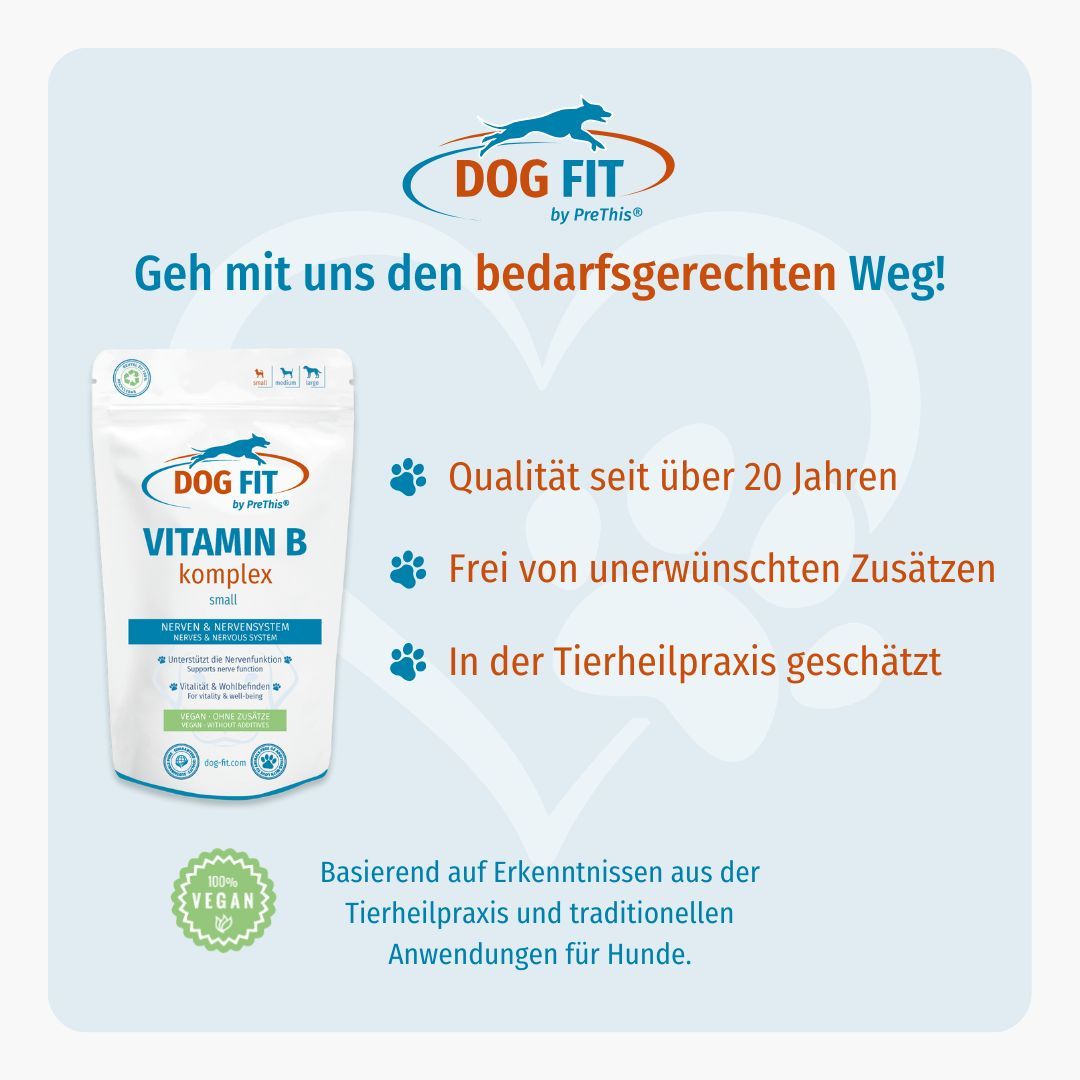 DOG FIT Vitamin B komplex small. Text: Qualität seit über 20 Jahren. Frei von unerwünschten Zusätzen. Vegan.