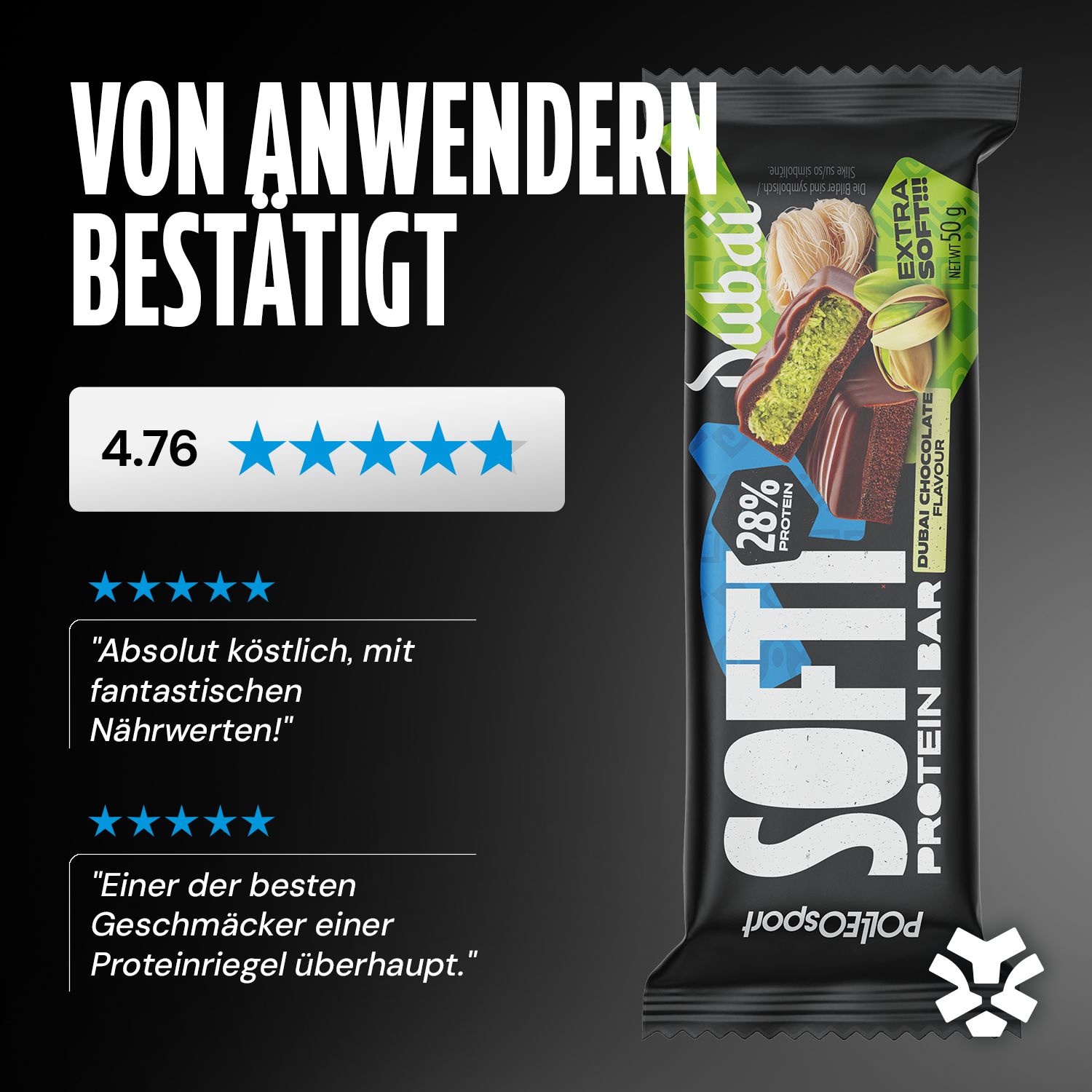 Proteinriegel in Verpackung. Text: Softi Protein Bar, 28% Protein, Dubai Chocolate Flavour. Bewertung: 4.76 Sterne.