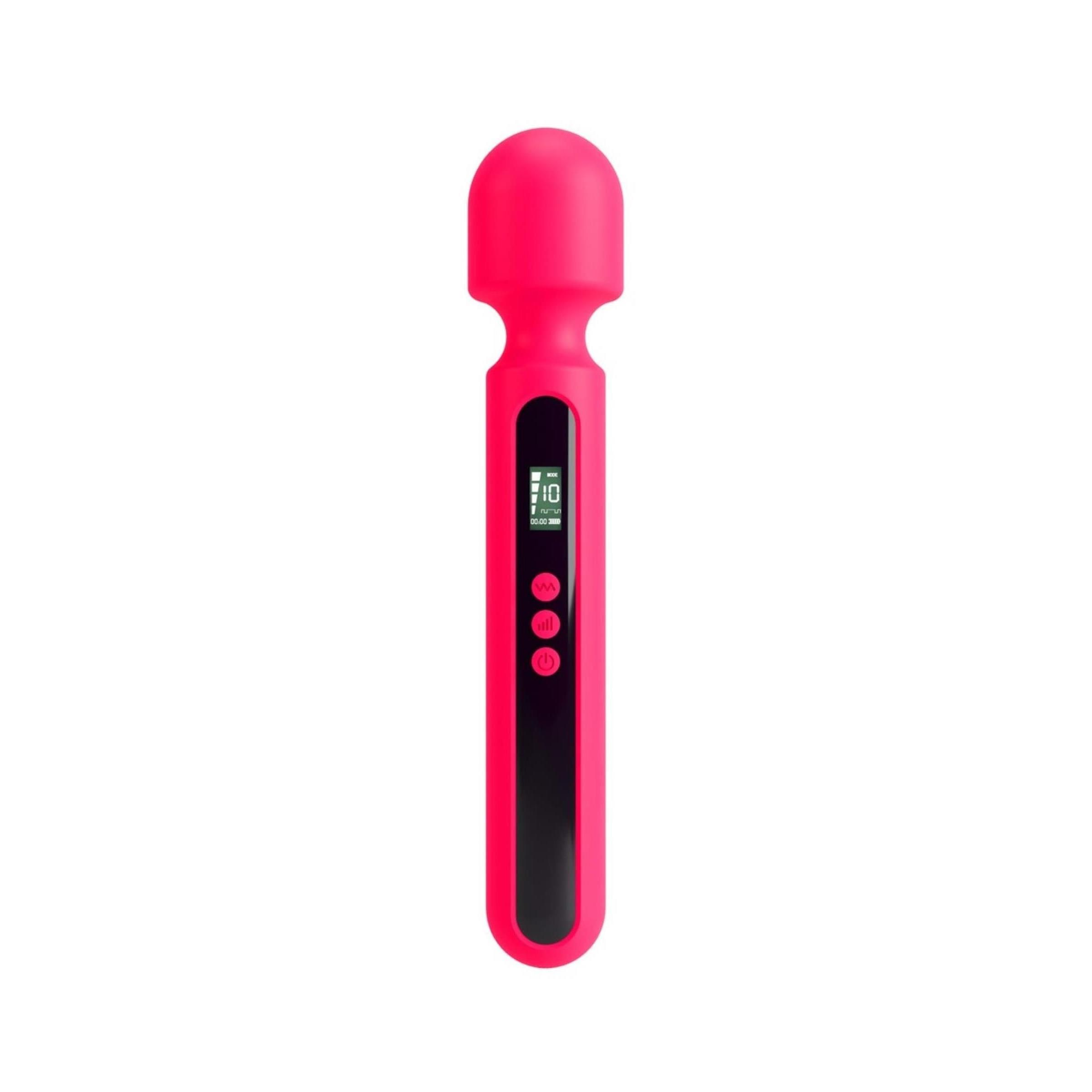 Pinkfarbener Vibrator mit rundem Kopf und langem Griff. Der Griff hat einen schwarzen Bereich mit Knöpfen und einem Display.