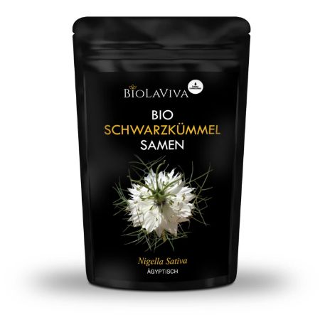 BIOLAVIVA Bio-Schwarzkümmel Samen in schwarzer Standverpackung mit weißer Blüte.