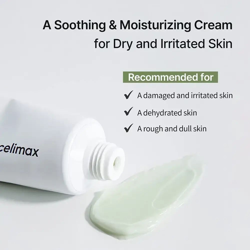 Nahaufnahme der Creme. Text: A Soothing & Moisturizing Cream. Empfohlen für: geschädigte, dehydrierte und raue Haut.