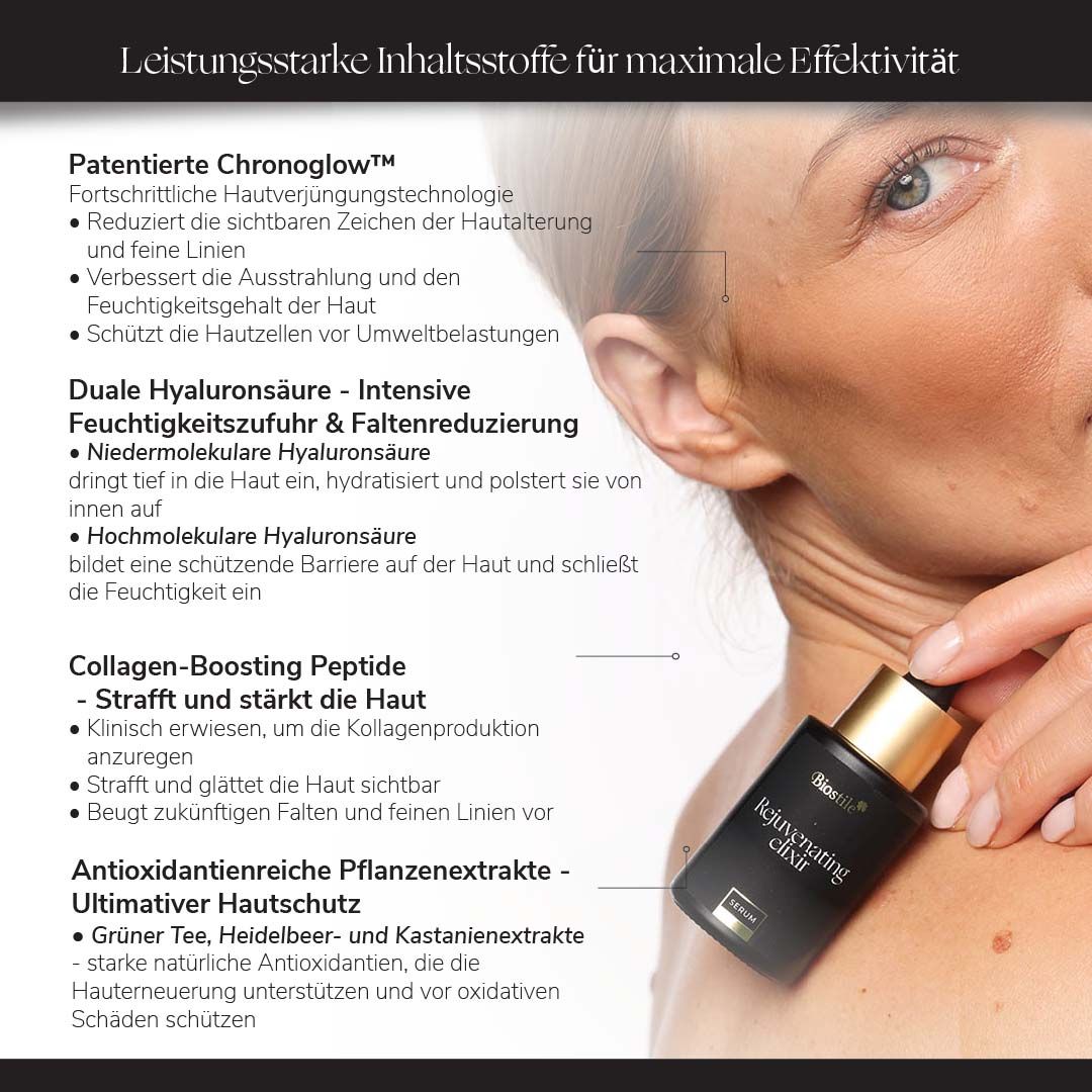 Nahaufnahme der Haut einer Frau mit Biostile Rejuvenating Elixir Serum Flasche.