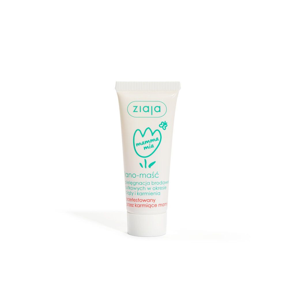 Creme-Tube mit Produktnamen und Logo. Hellgrüne Schrift auf weißem Hintergrund. Aufschrift: Mamma Mia.