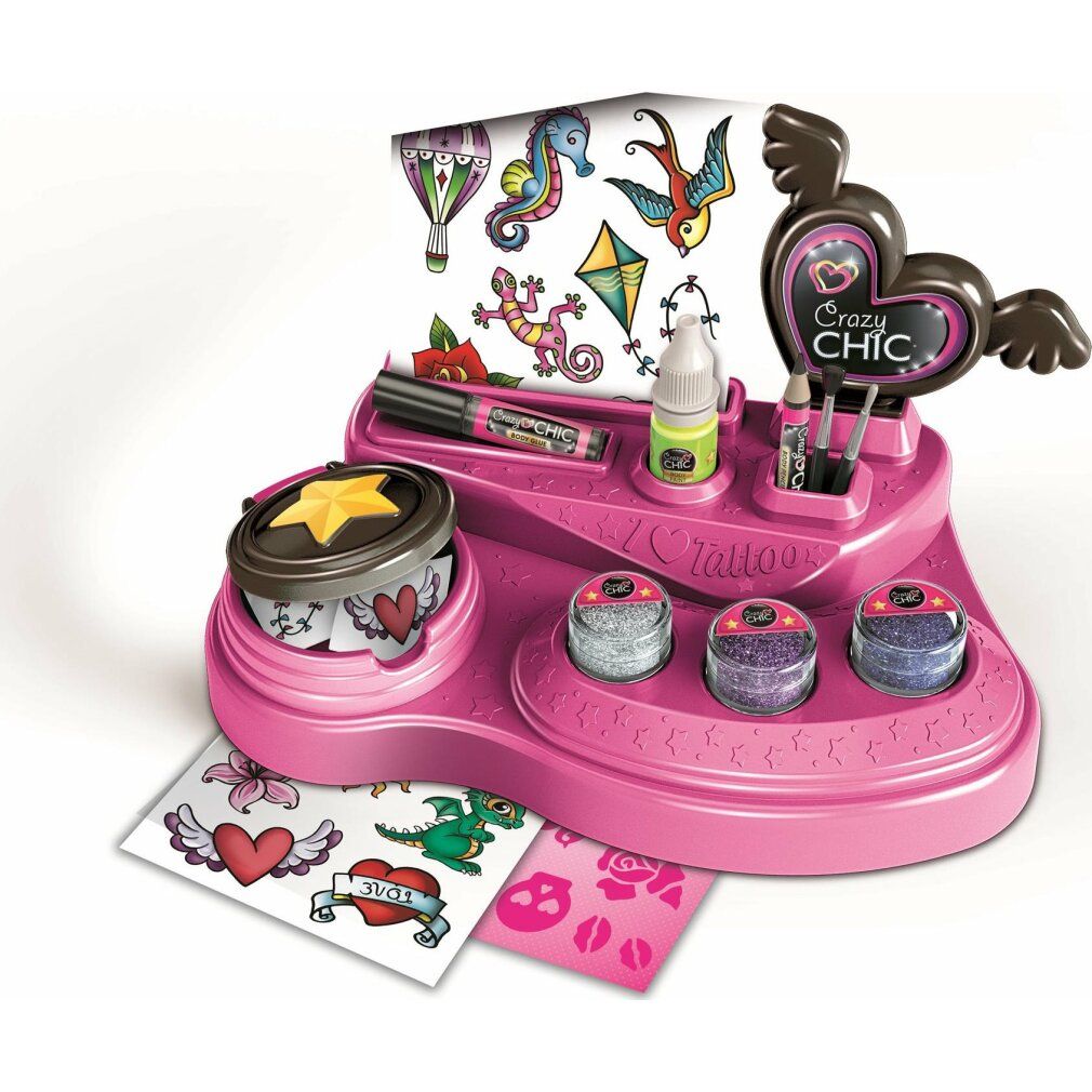 Rosa Crazy Chic Tattoo Set mit Zubehör, Glitzer, Schablonen und Aufklebern. Clementoni.