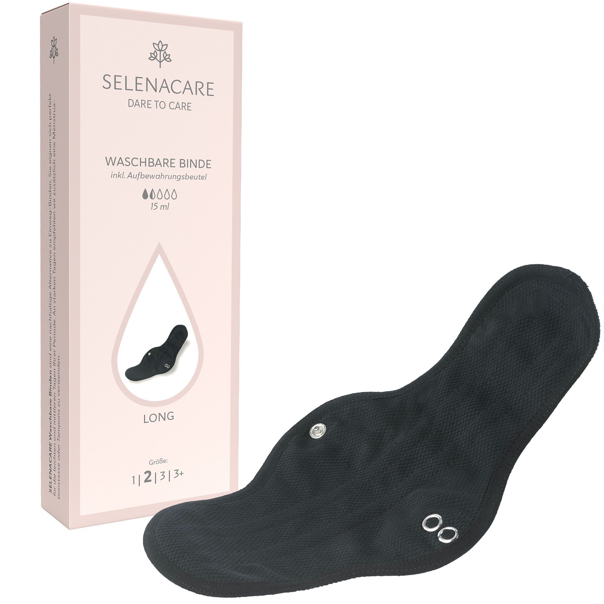 Schwarze, waschbare Binde mit Druckknöpfen und zwei Knöpfen. Neben einer Verpackung mit Produktinformationen und Logo.