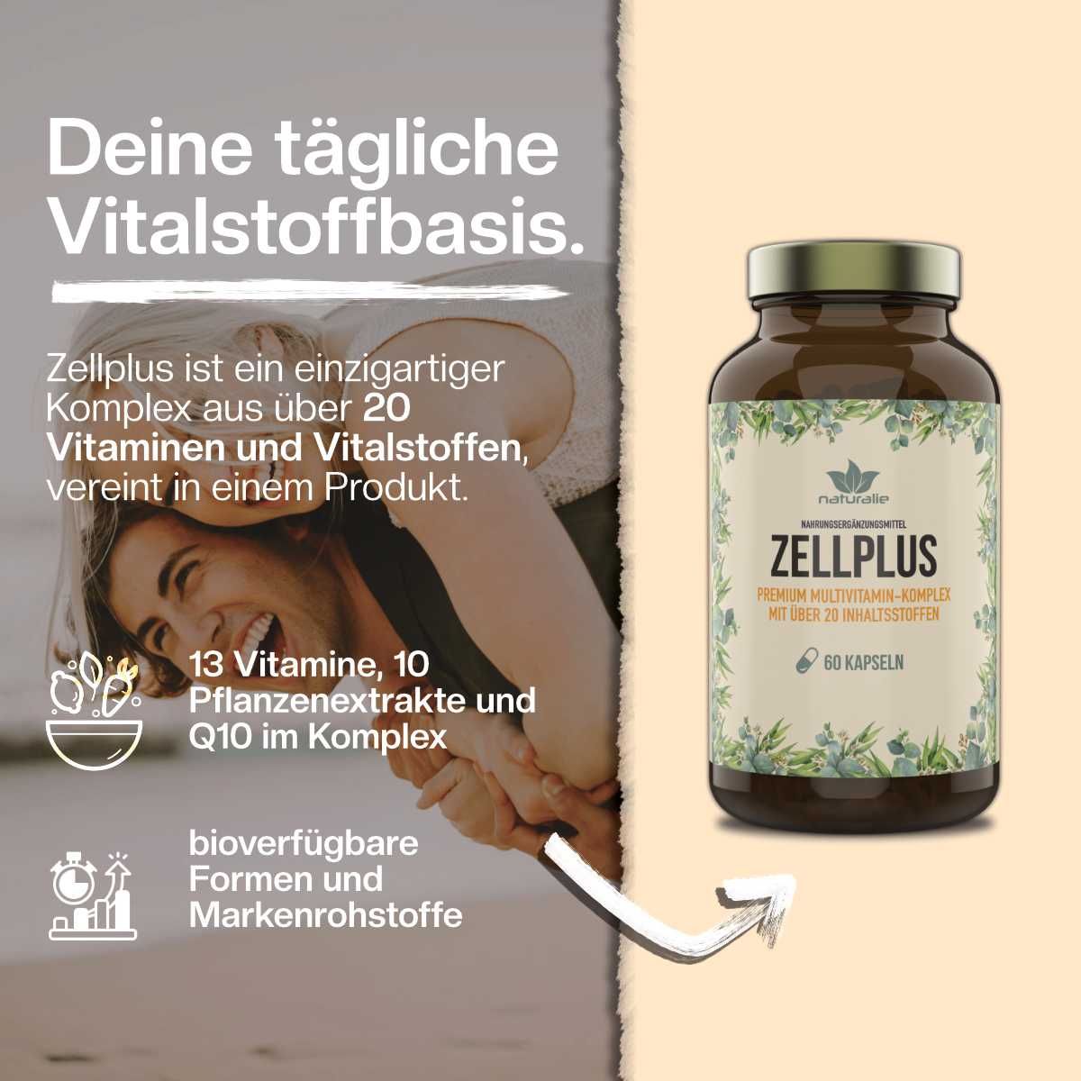 Nahaufnahme einer einzelnen gelben Zellplus-Kapsel mit detaillierter Textur. Blätter und Wassertropfen im Hintergrund.