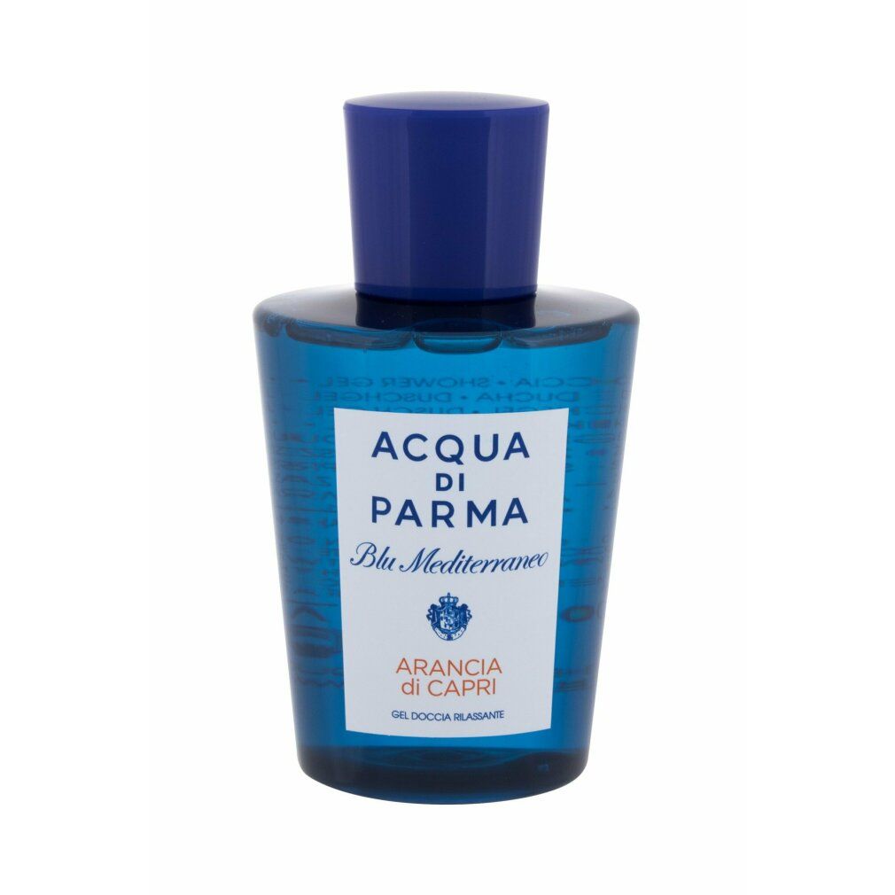 Blaues Duschgel mit weißem Etikett. Aufschrift: Acqua di Parma Blu Mediterraneo Arancia di Capri. Blaue Kappe.