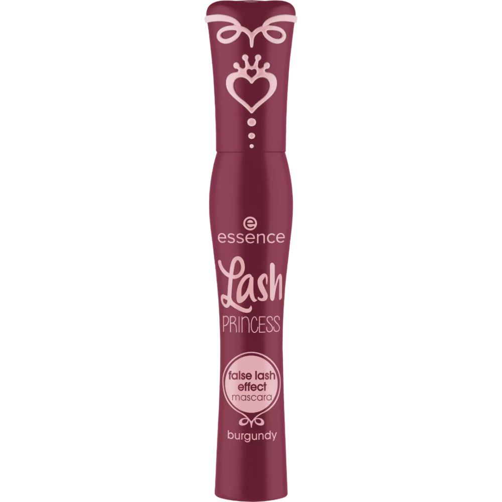 Burgunderfarbene Mascarabürste. Aufschrift: Essence Lash Princess, False Lash Effect Mascara.