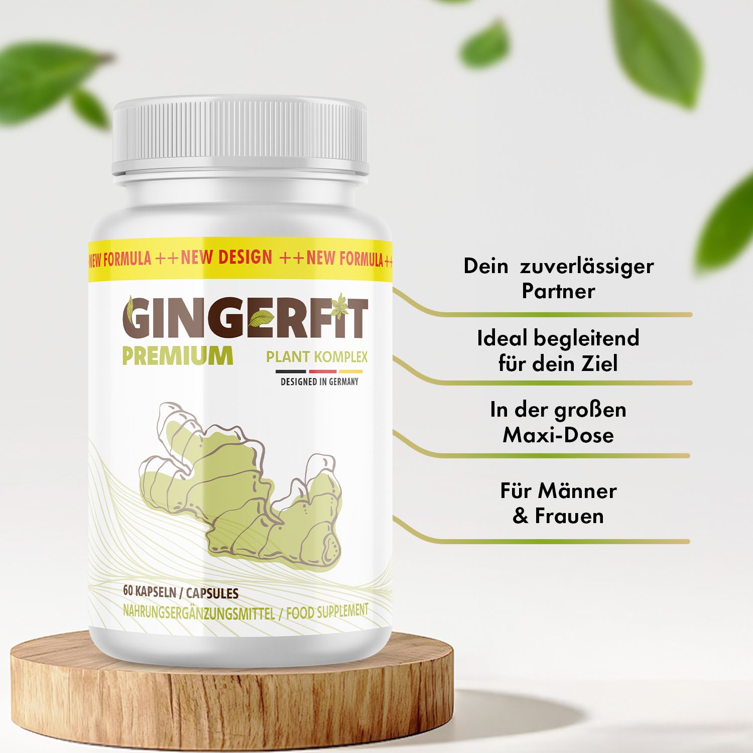 Weiße Flasche mit gelbem Etikett. Aufschrift: GINGERFIT PREMIUM, Pflanzenkomplex. Auf Holzsockel. Text: Dein zuverlässiger Partner.