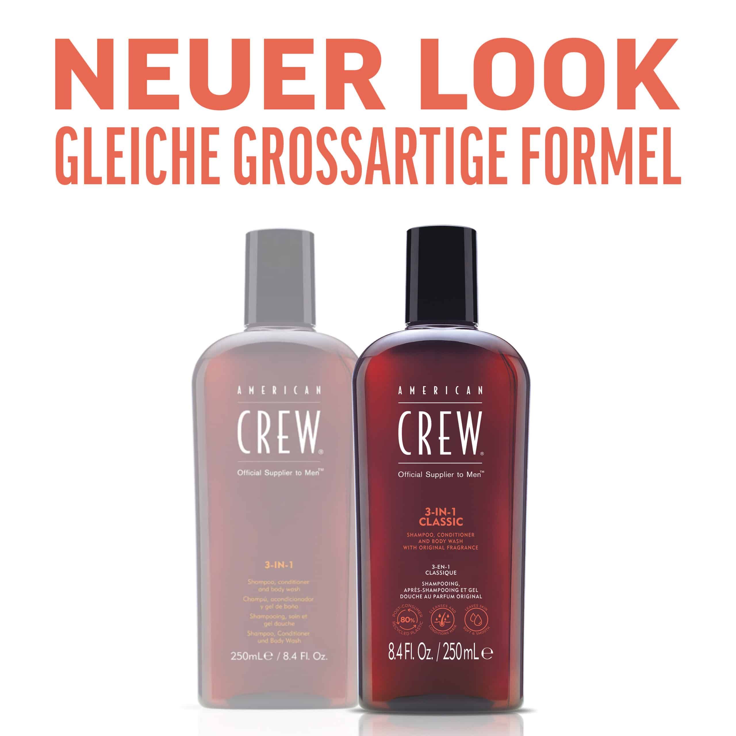 Zwei AMERICAN CREW 3-in-1 Classic Shampoo-Flaschen. Eine durchsichtig, eine braun. Text: Shampoo, Conditioner und Body Wash. 250 ml.