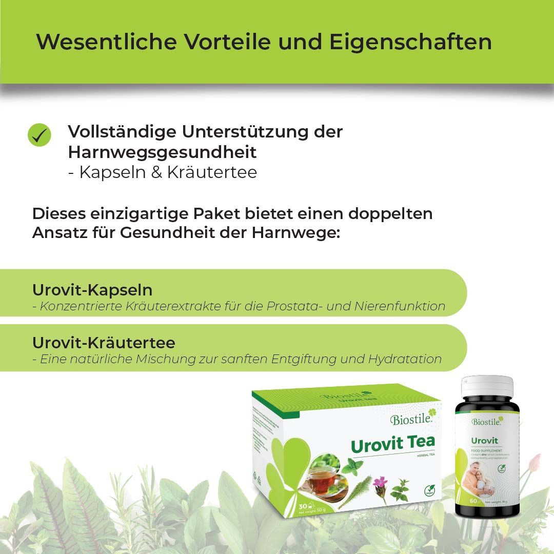 Biostile Urovit Kapseln und Tee: Vorteile und Inhaltsstoffe.