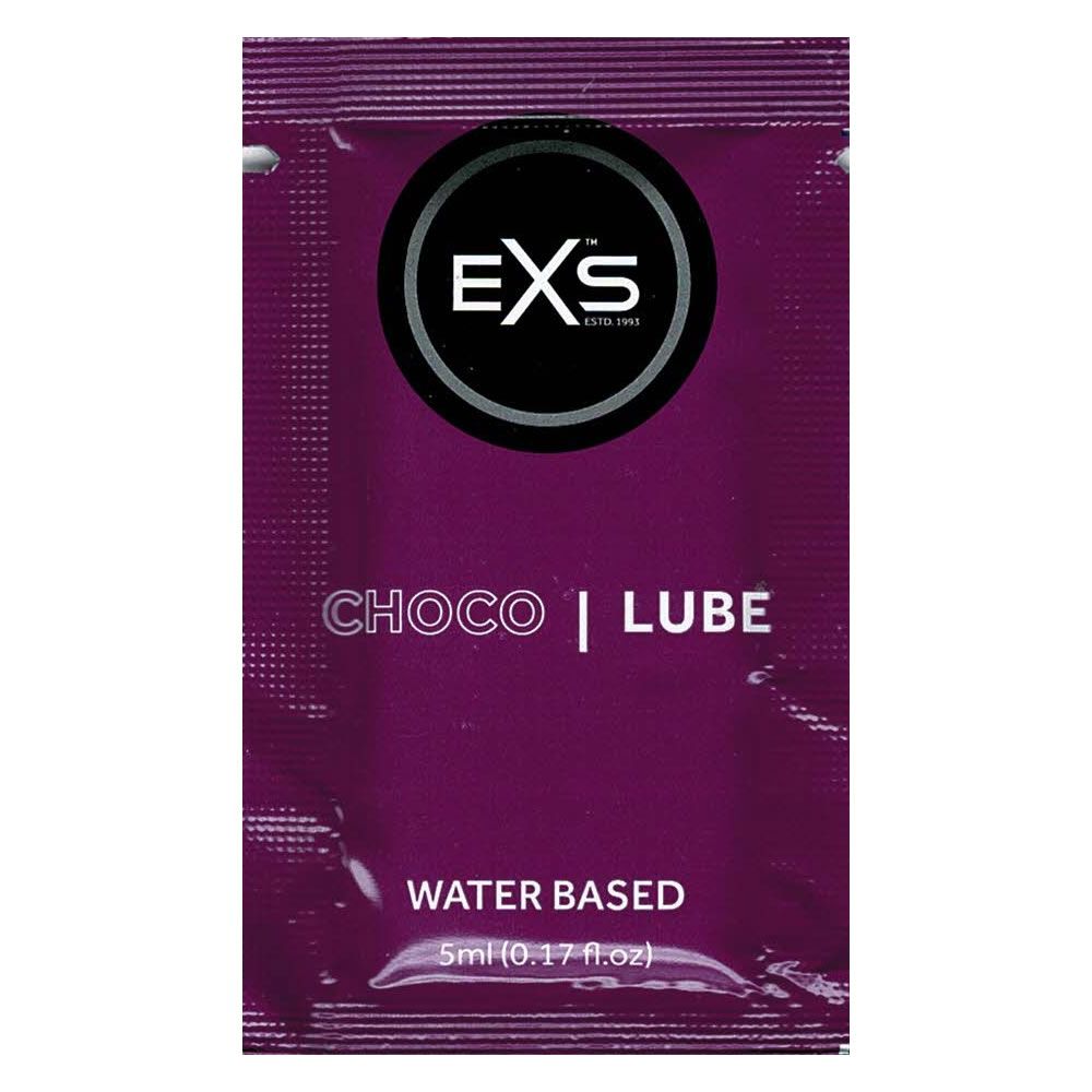 Verpackung mit Produktnamen Choco Lube und Markenlogo EXS. Wasserbasiert. Farbe: Lila.