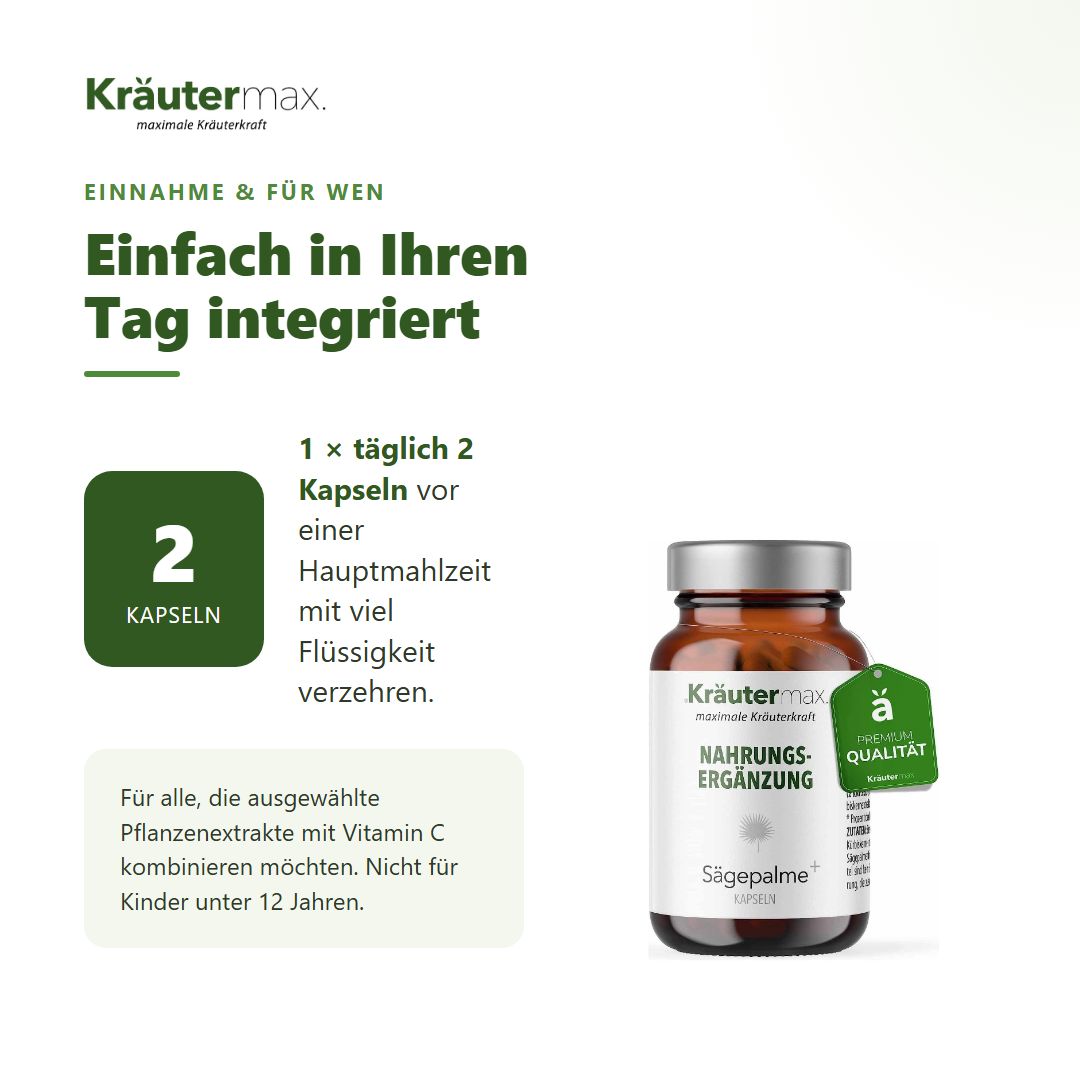 Kräutermax Sägepalme plus Kapseln: Einnahmeempfehlung, 2 Kapseln, braune Flasche.
