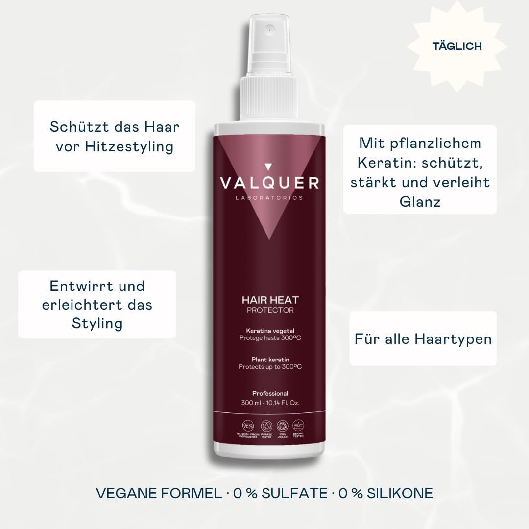 Dunkelroter Pumpsprühflakon von Valquer mit Aufschrift "Hitzeschutz für das Haar" und "Pflanzliches Keratin".